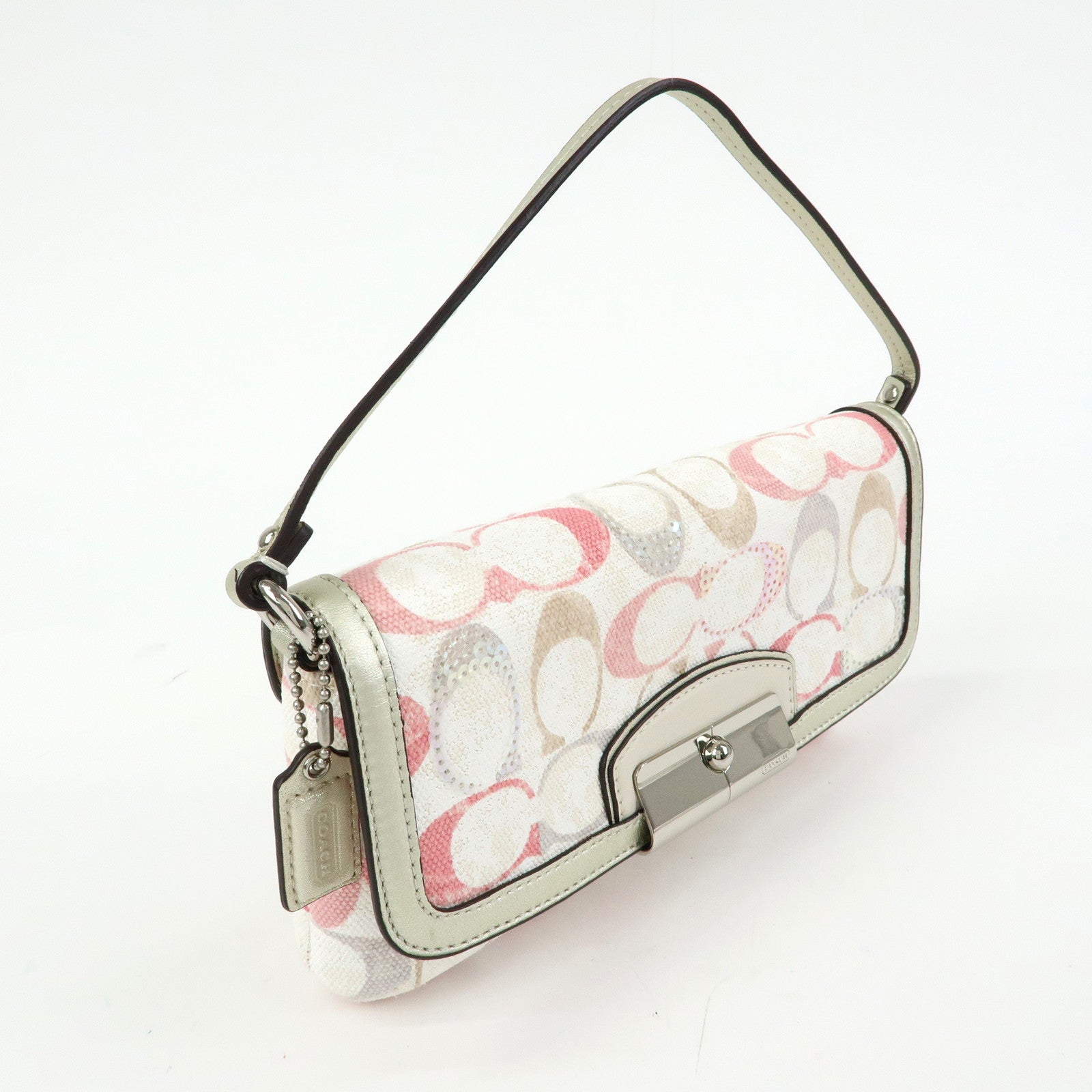 COACH Signature Canvas Sequins Leather Hand Bag Beige Light Gold