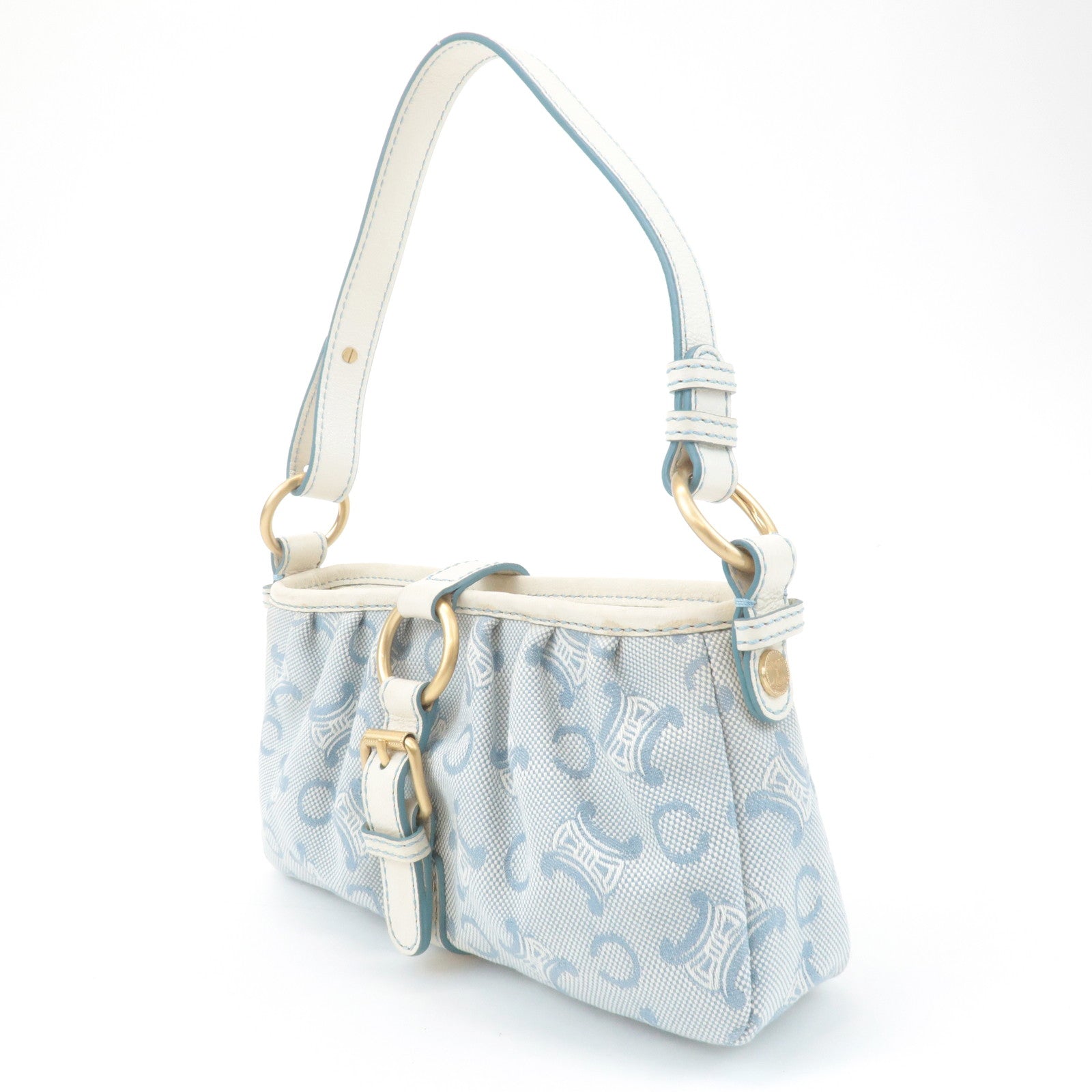 CELINE Canvas Leather Shoulder Bag Hand Bag Blue Ivory Used