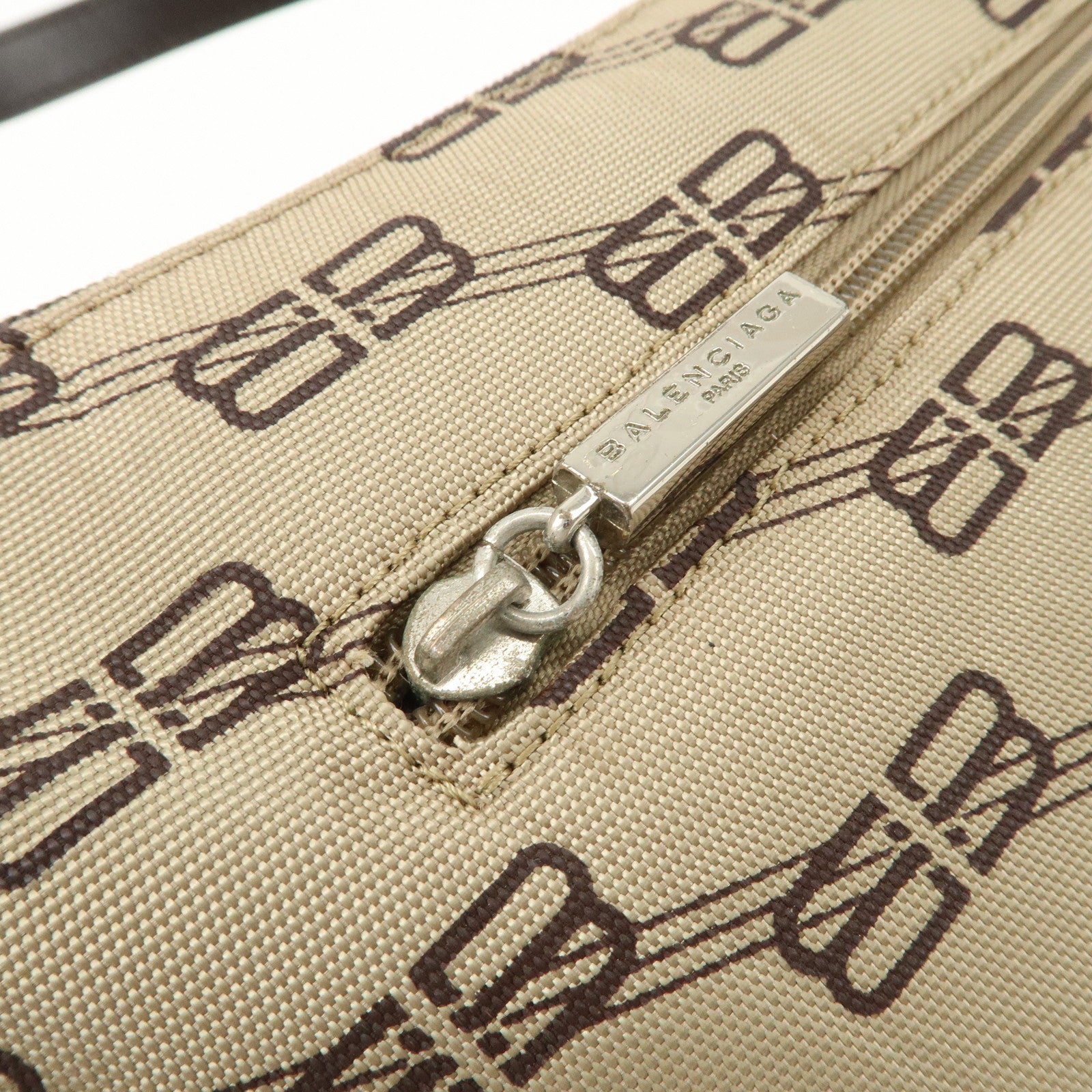 BALENCIAGA Leather Canvas Shoulder Bag Beige Brown