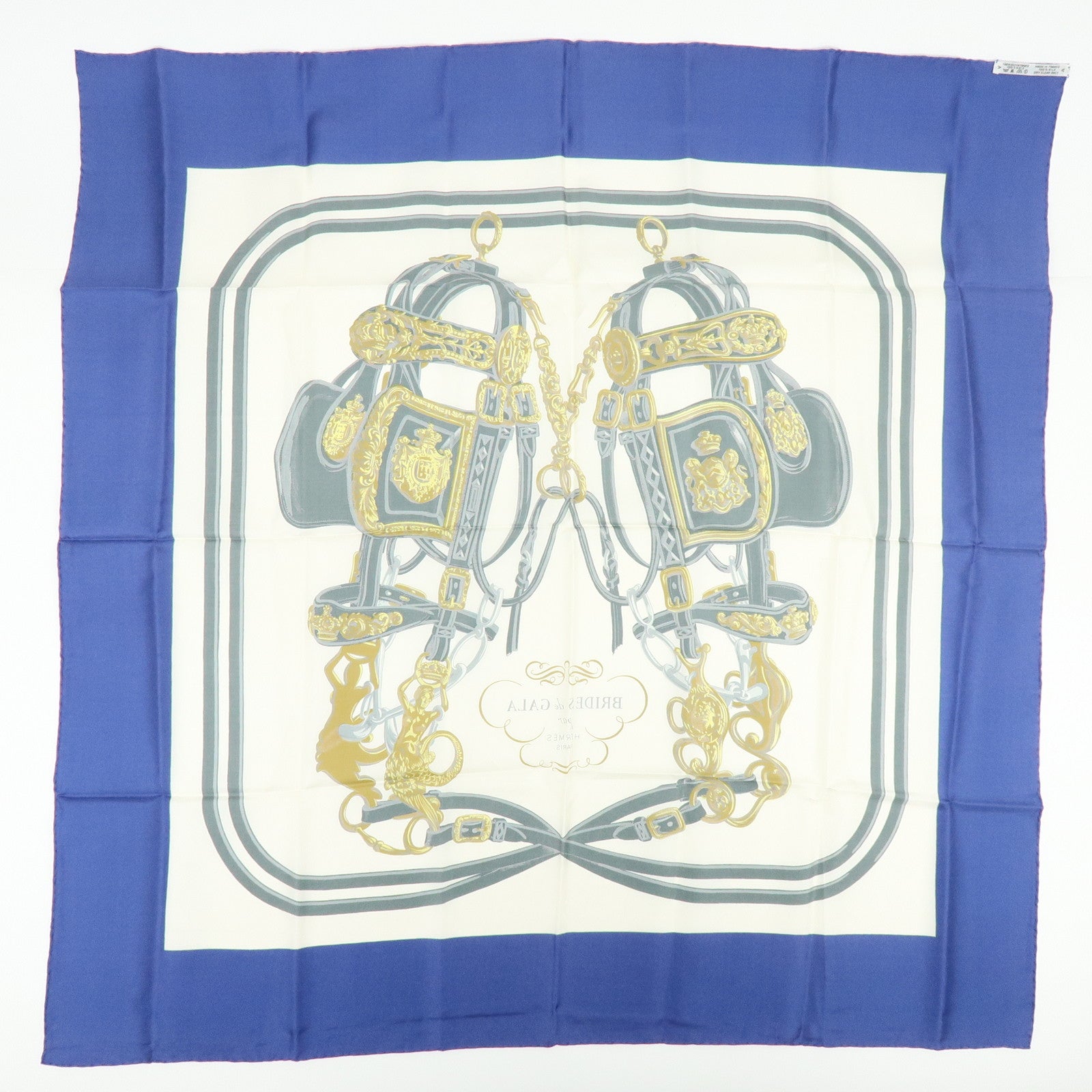 HERMES Carre 90 Silk 100% Scarf BRIDES DE GALA Navy Gray Gold