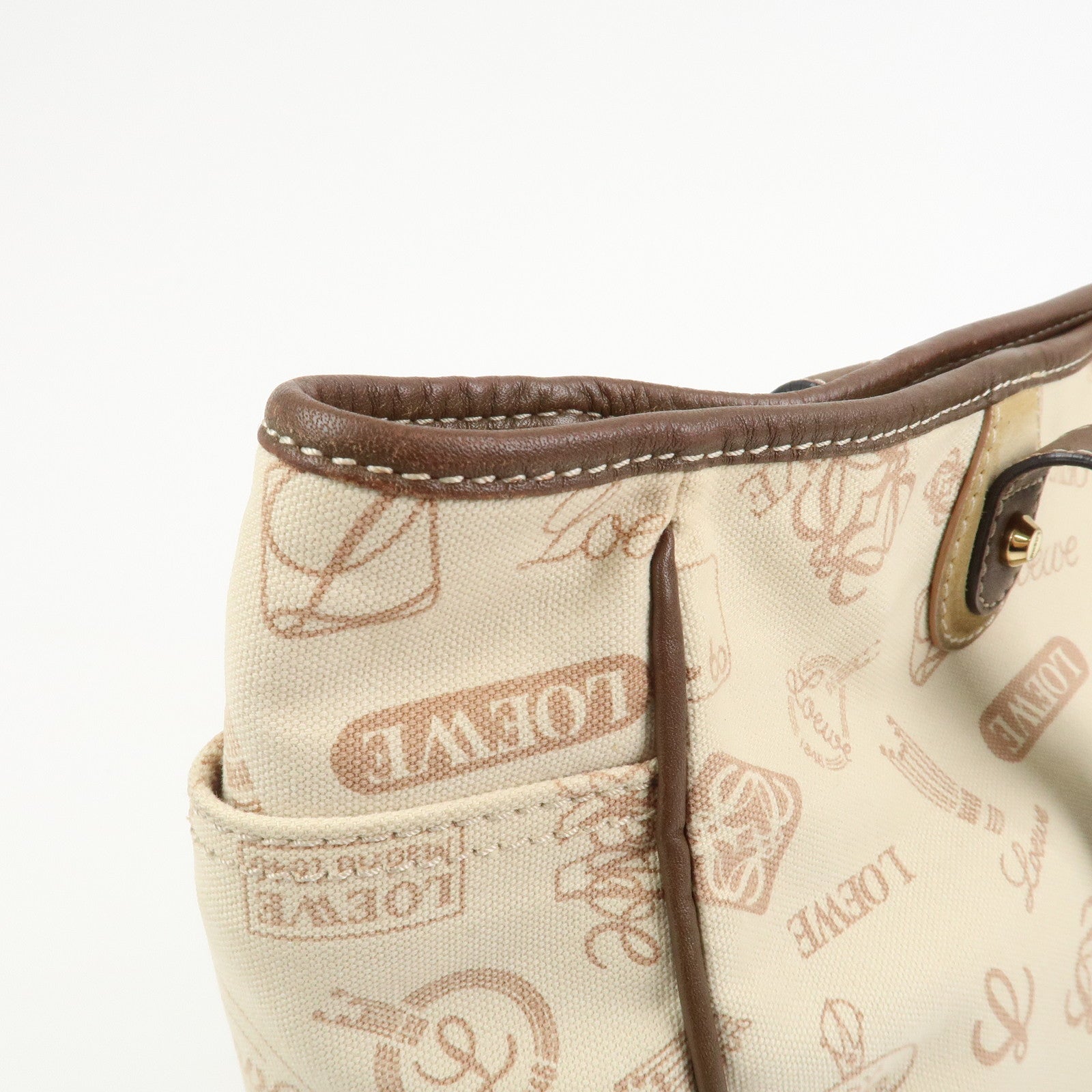 LOEWE Anagram Canvas Leather Suede Tote Bag Shoulder Bag Ivory