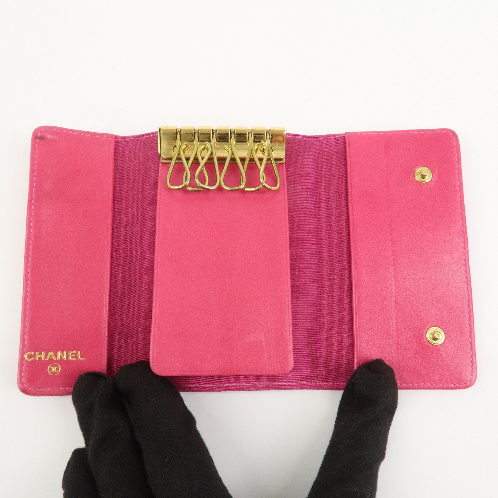 CHANEL COCO Mark Caviarskin 6 Rings Key Case Key Holder Pink A01439
