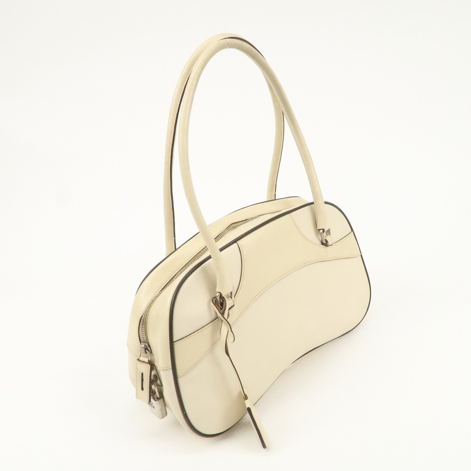 PRADA Leather Bowling Bag Boston Bag Shoulder Bag Ivory BL0049 Used