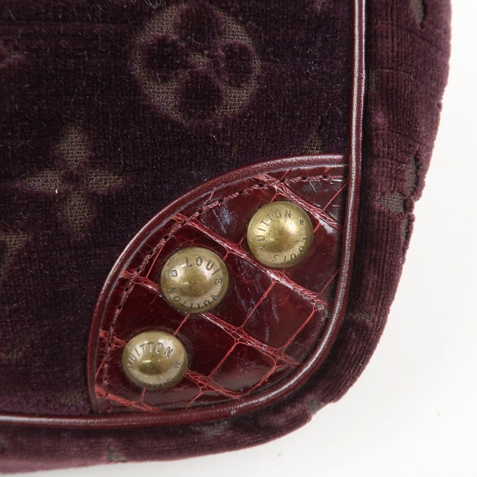 Louis Vuitton Monogram Vleur Velvet Leather Hand Bag Burgundy