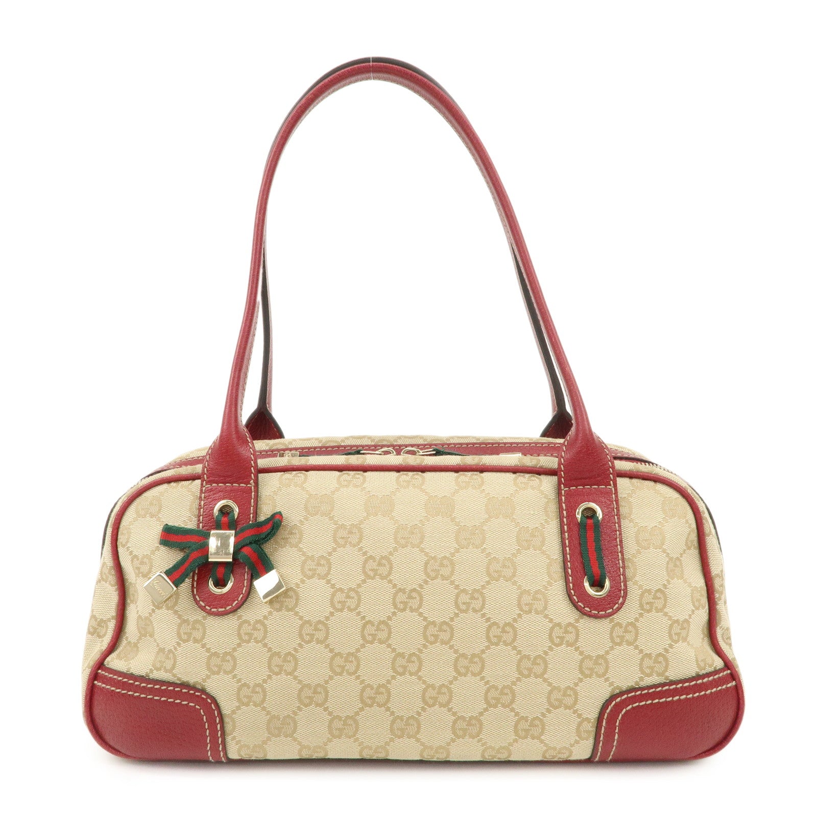 GUCCI Sherry Princy Leather GG Canvas Boston Bag Beige Red 161720