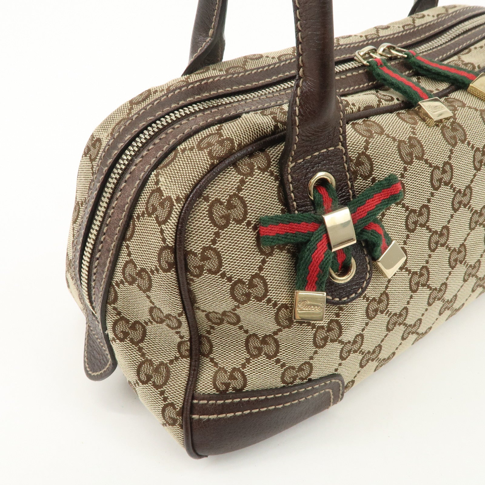 GUCCI Sherry Princy Leather Canvas Boston Bag Hand Bag Brown 161720 Used