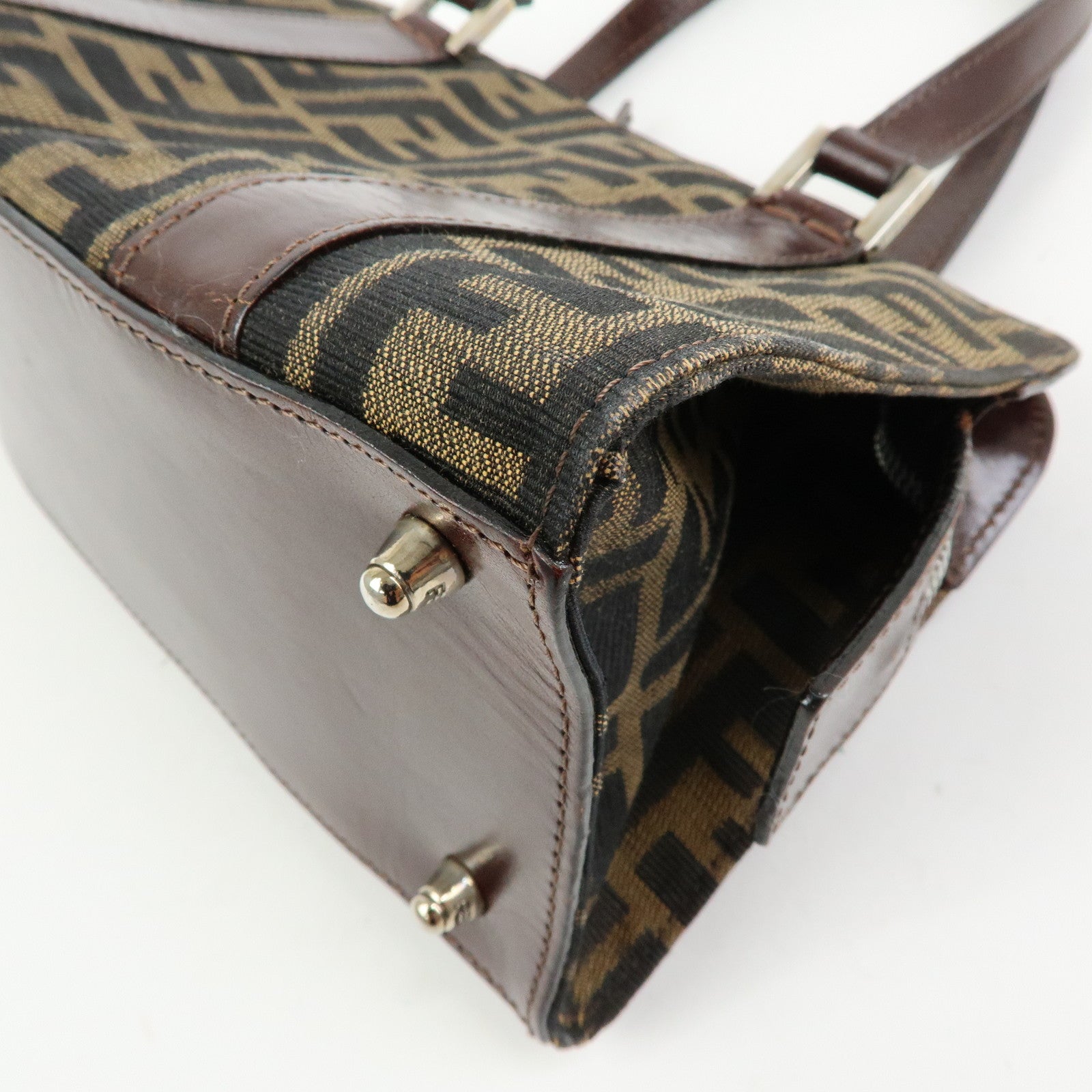 FENDI Zucca Jacquard Canvas Leather Top Handle Hand Bag Brown