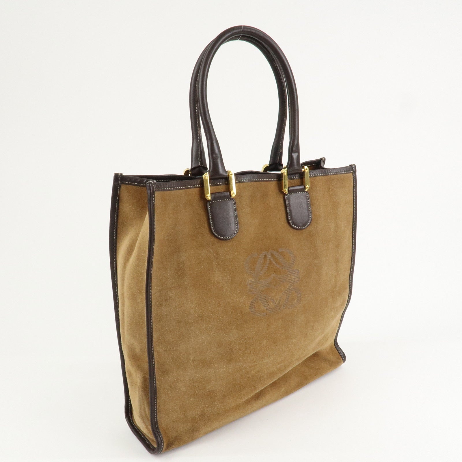 LOEWE Anagram Leather Suede Tote Bag Hand Bag Brown Beige
