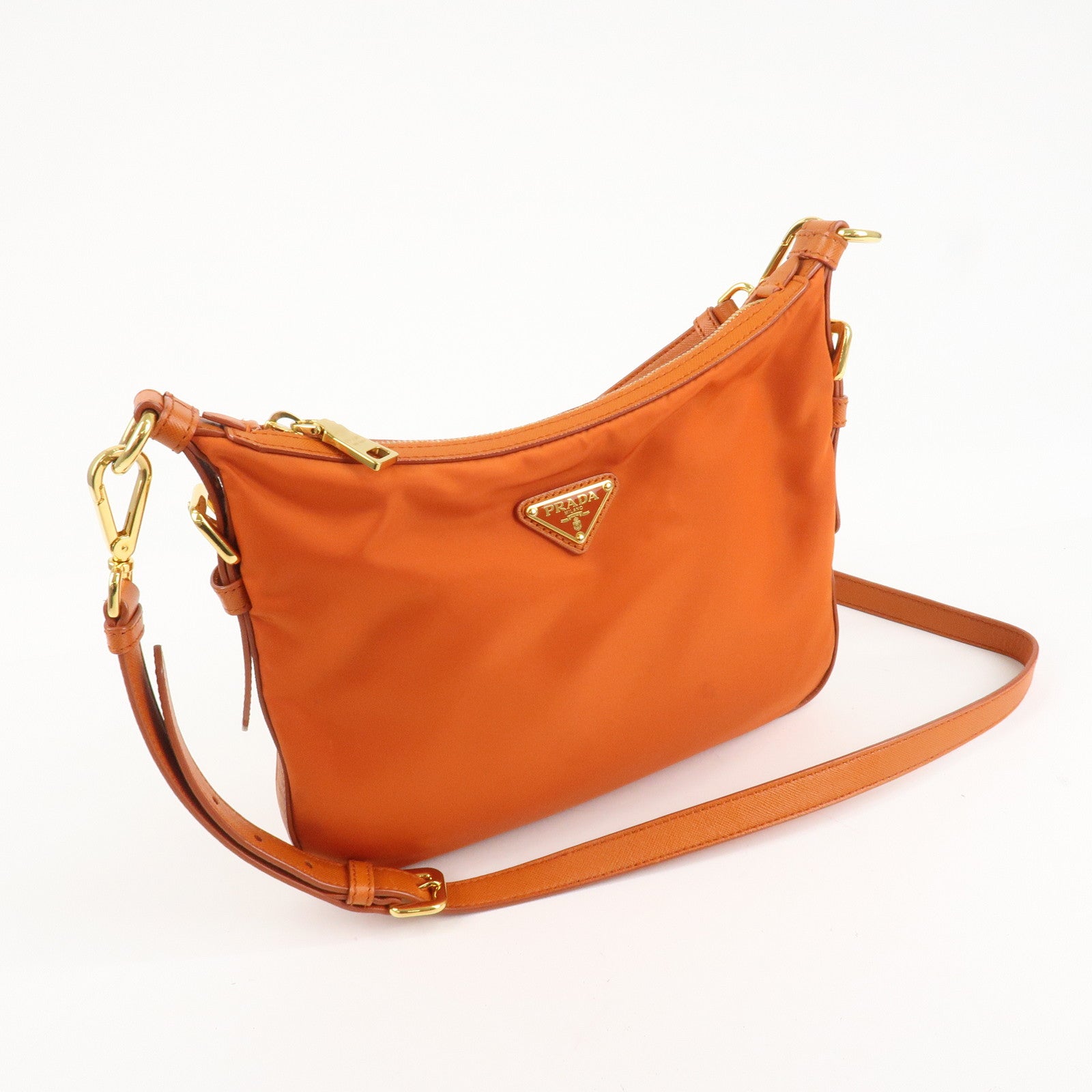 PRADA Triangle Logo Nylon Leather 2Way Shoulder Bag Orange Used