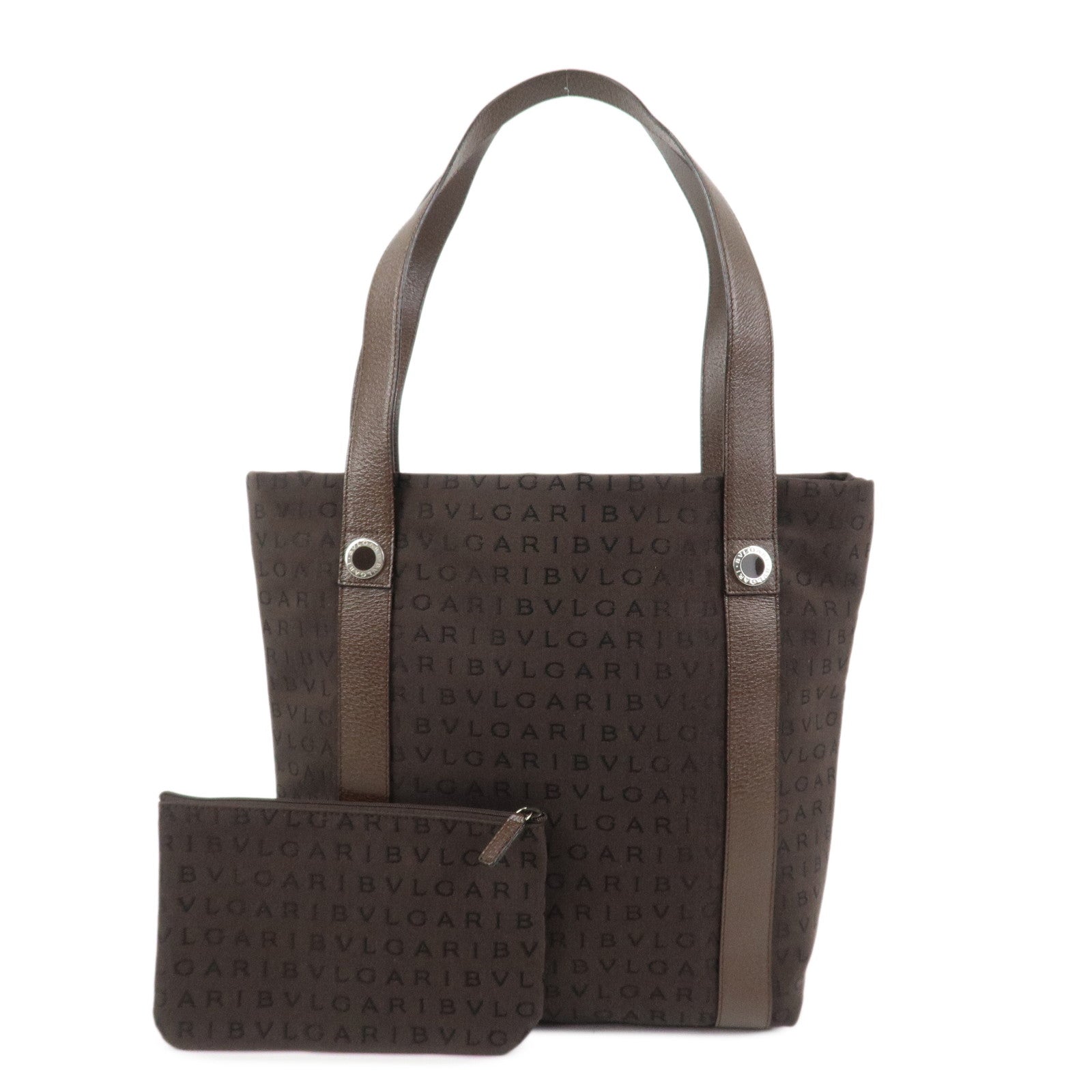 BVLGARI Logo Mania Canvas Leather Shoulder Bag Tote Bag Brown