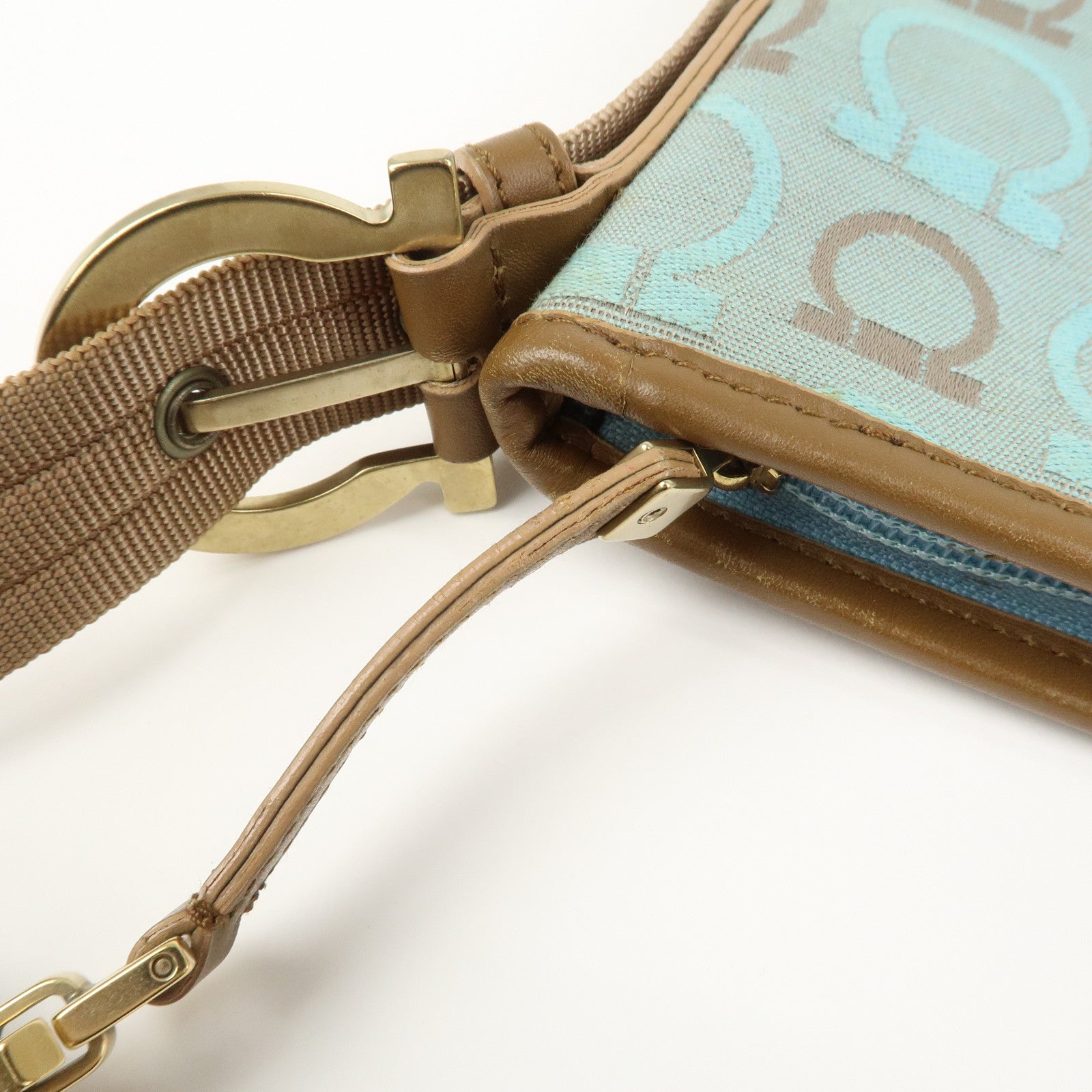 Ferragamo Gancini Logo Canvas Leather Shoulder Bag Light Blue Brown