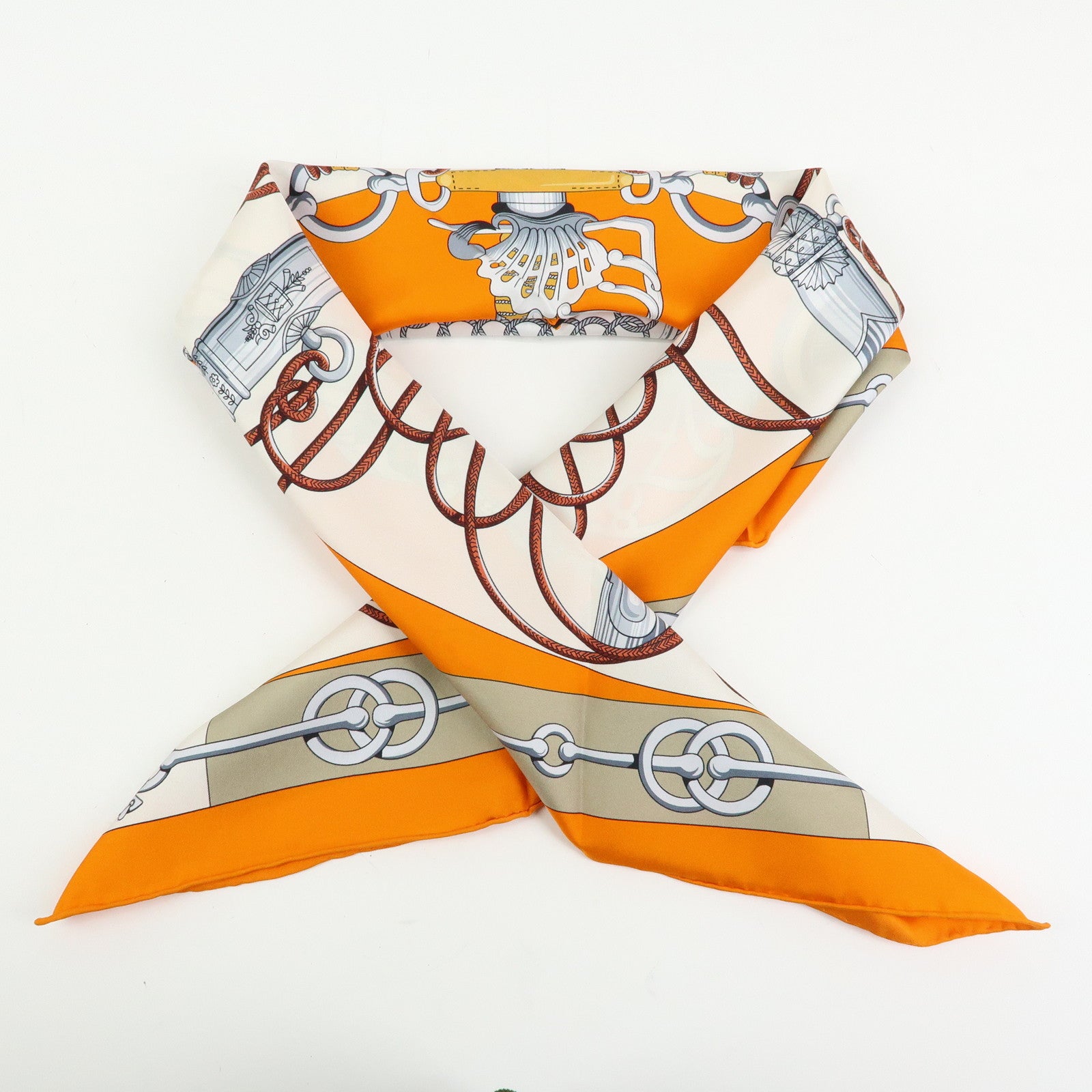 HERMES Carre 90 Silk 100% Scarf Cliquetis Orange Gray