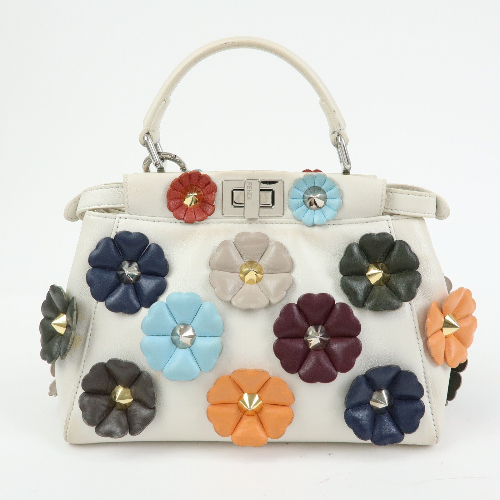 FENDI Peekaboo Mini 2Way Shoulder Bag Hand Bag Flower Ivory 8BN244