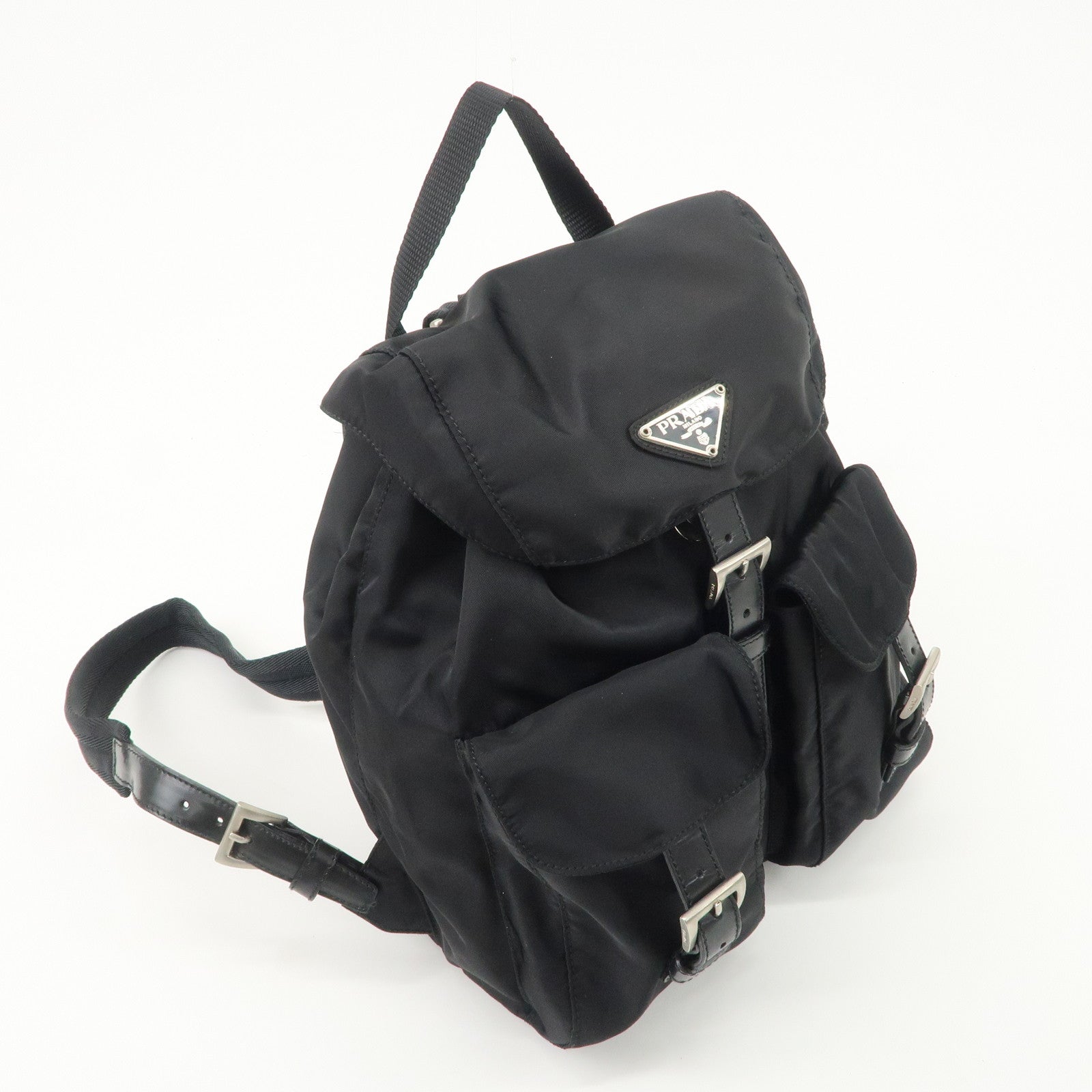 PRADA Triangle Logo Leather Nylon Backpack Black B6677 Used