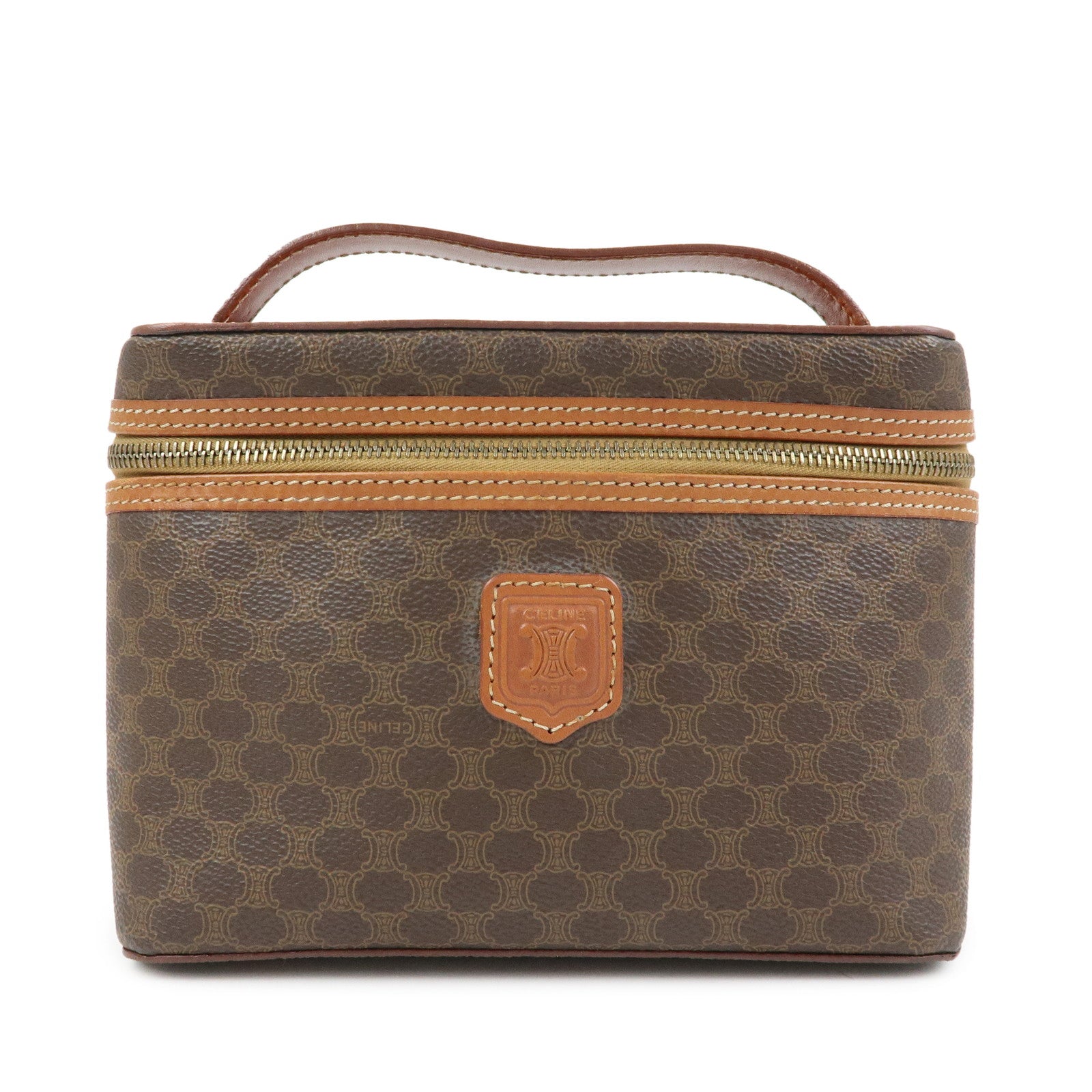 CELINE Macadam PVC Leather Vanity Hand Bag Makeup Bag Brown
