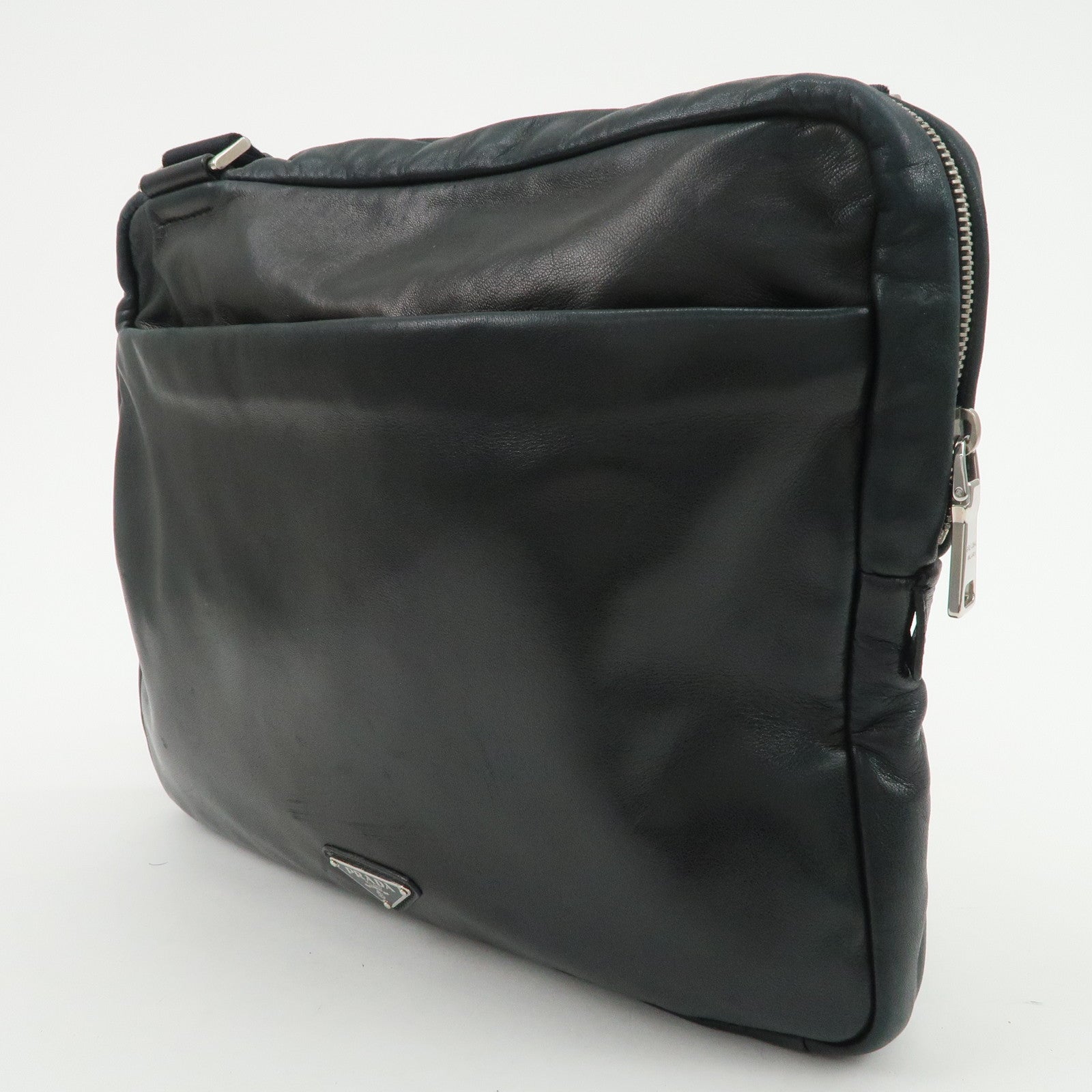 PRADA Triangle Logo Lamb Skin Canvas Shoulder Crossbody Bag Black