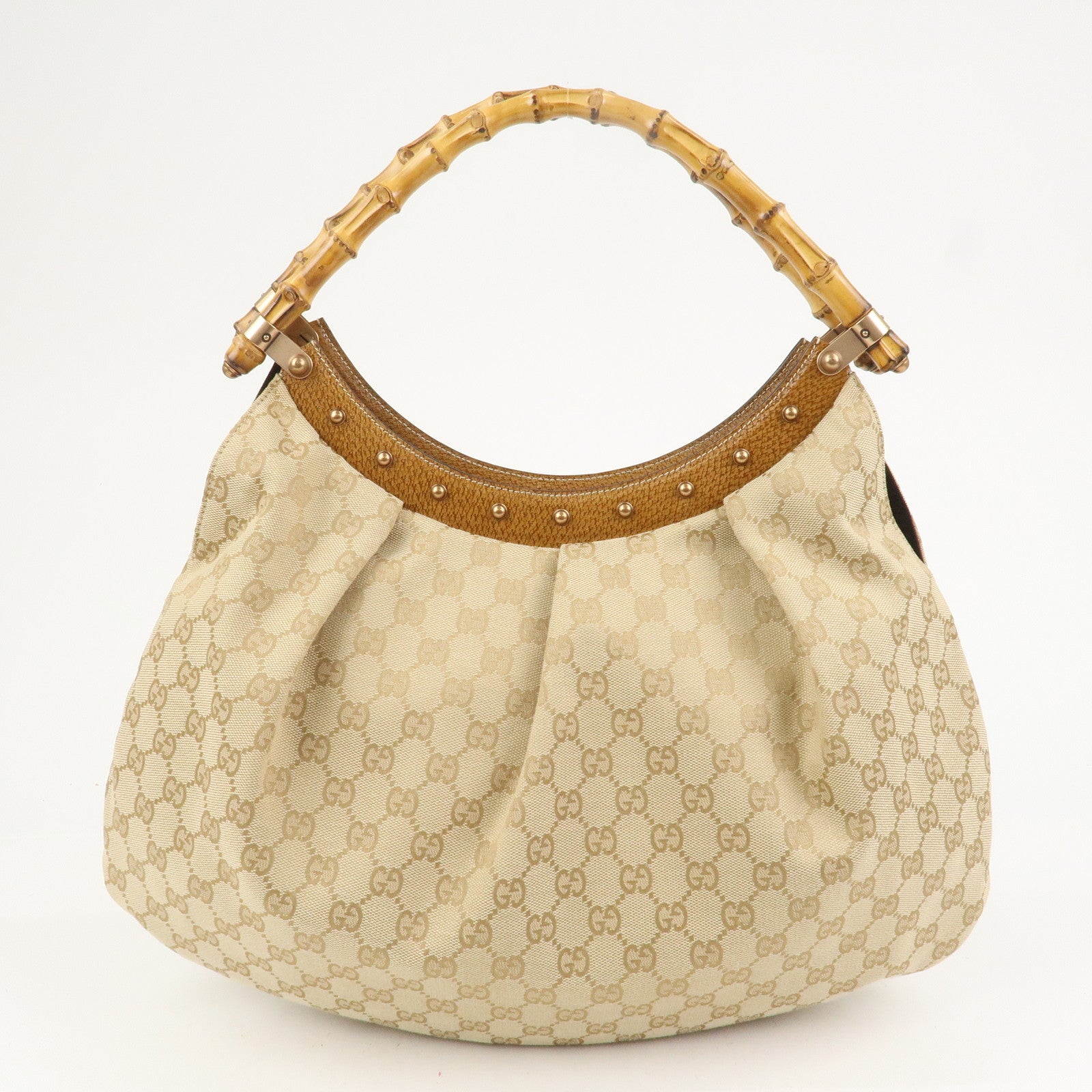 GUCCI Bamboo GG Canvas Leather Shoulder Bag Hand Bag Beige 124293