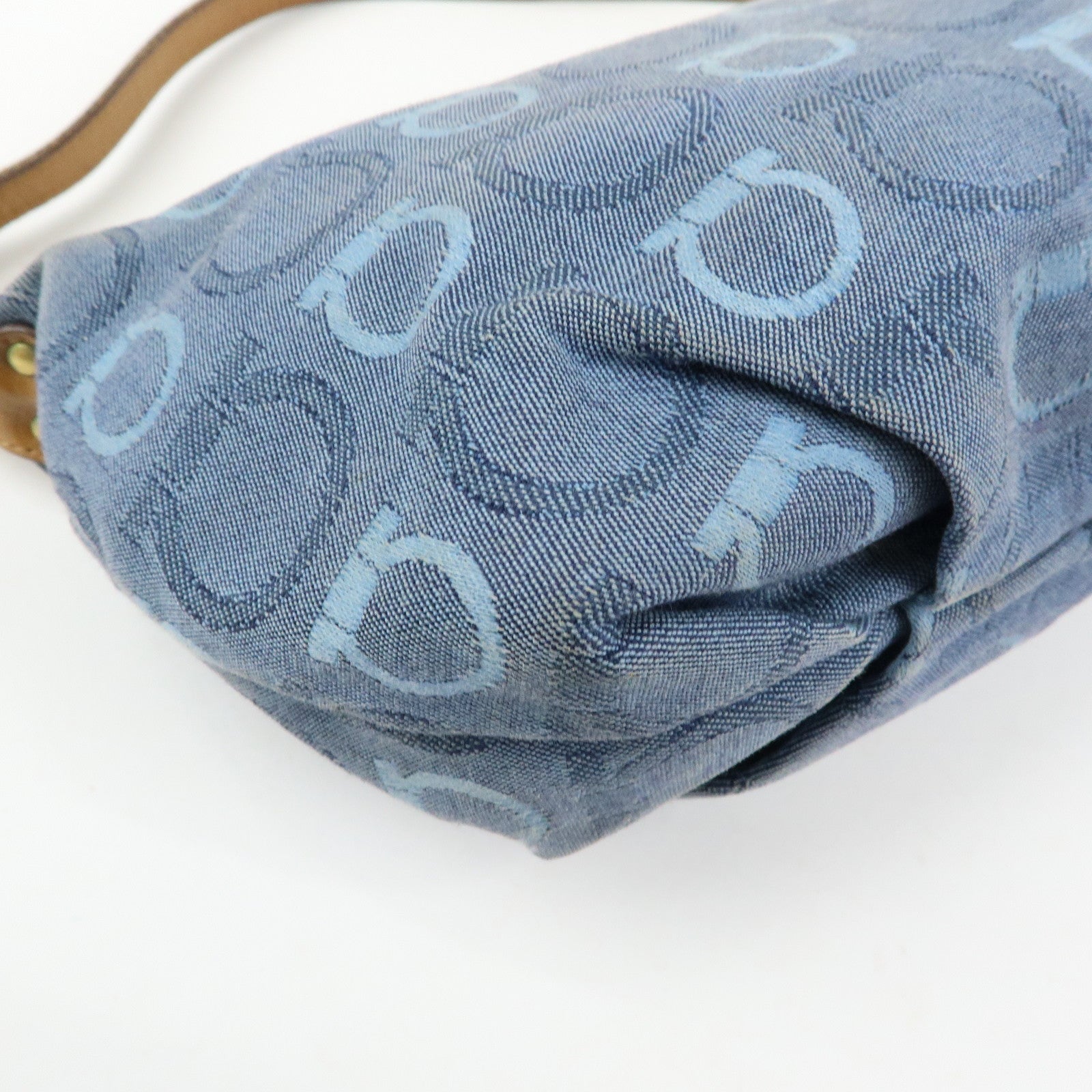 Ferragamo Gancini Canvas Leather Hand Bag Blue Light brown