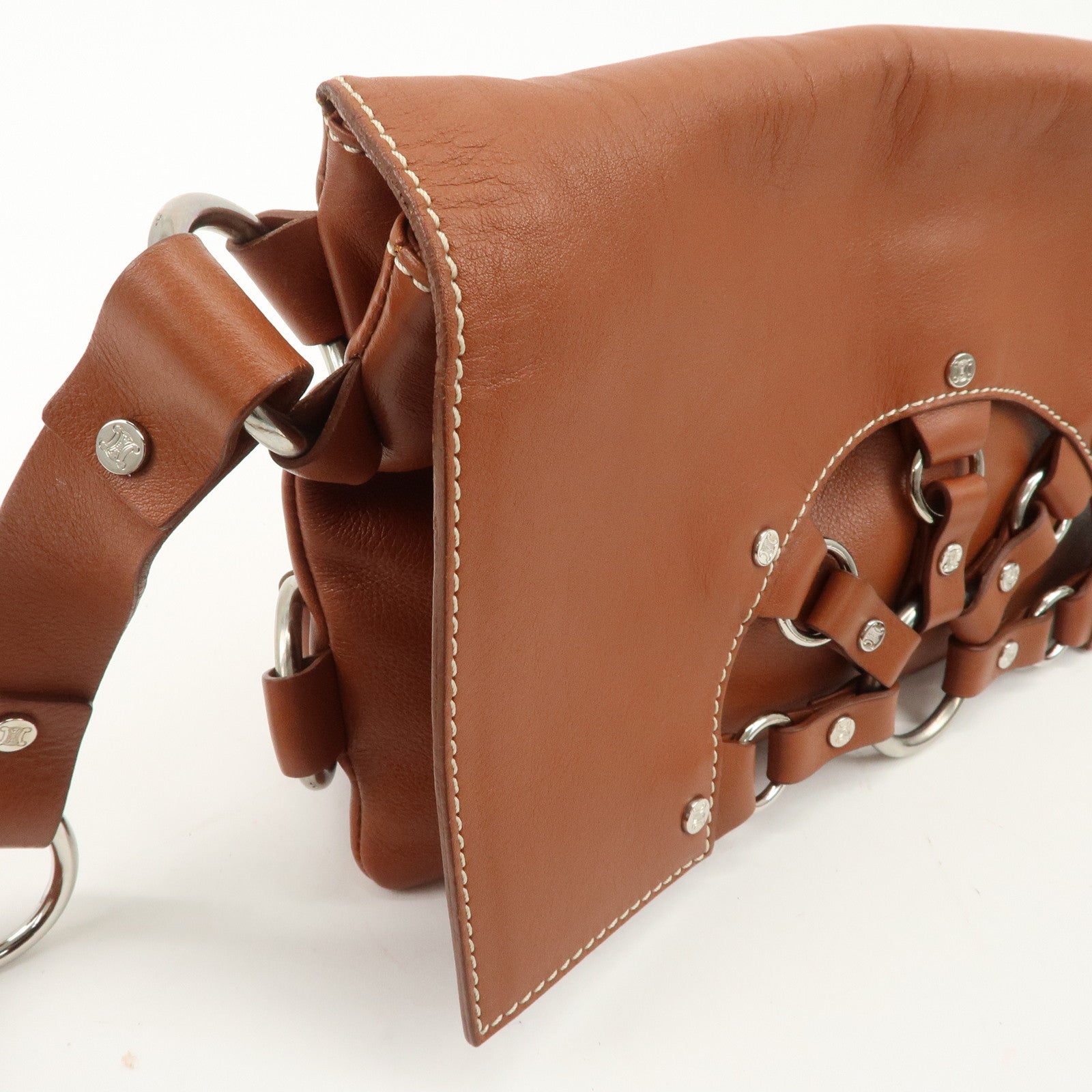 CELINE Leather Hand Bag Shoulder Bag Brown Silver HDW