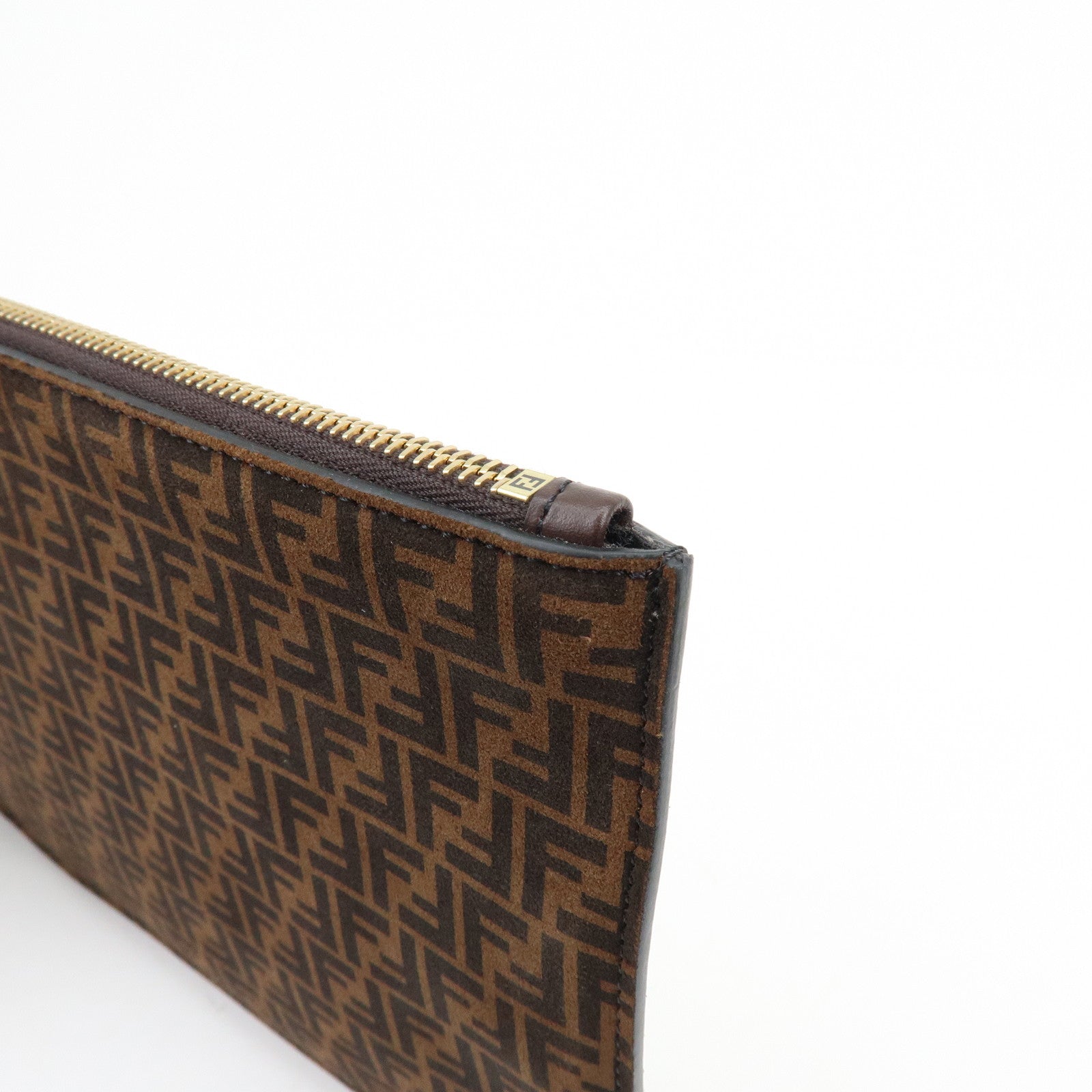 FENDI Zucchino Suede Leather Clutch Bag Flat Pouch Brown 8N0149