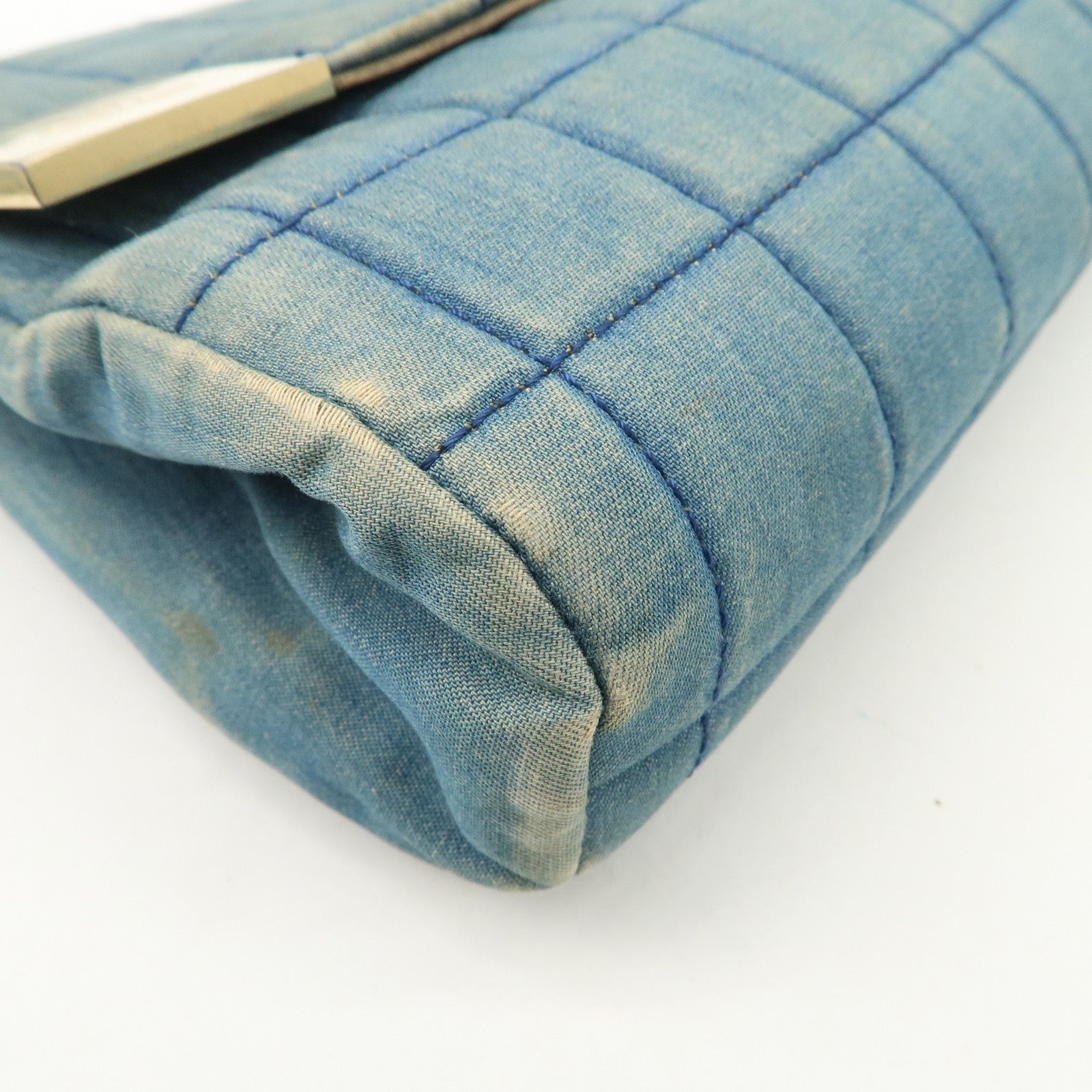 CHANEL COCO Mark Wide Stitch Chocolate Bar Chain Shoulder Bag Blue Gold Used