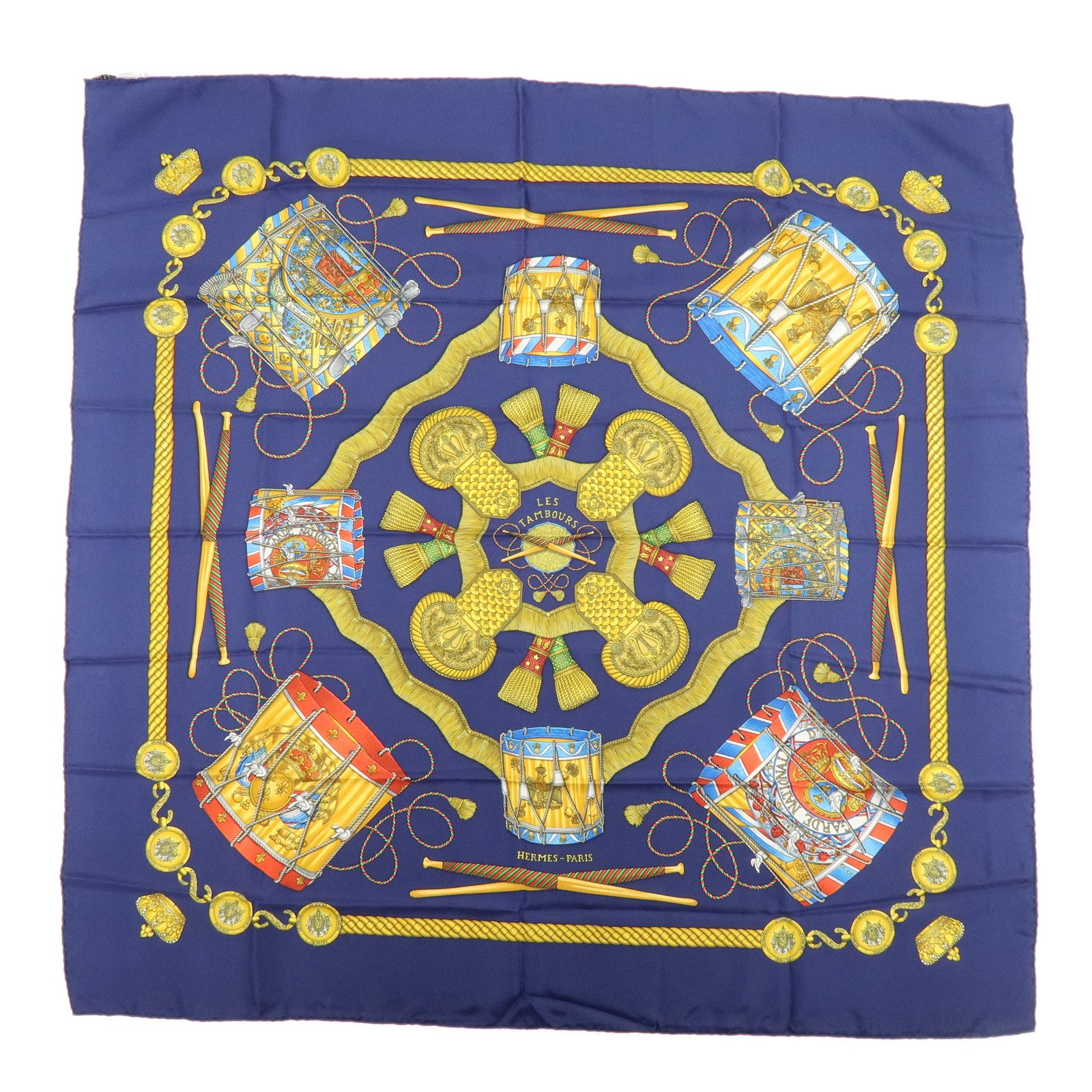 HERMES Carre 90 Silk 100% LES TAMBOURS Scarf Navy Gold