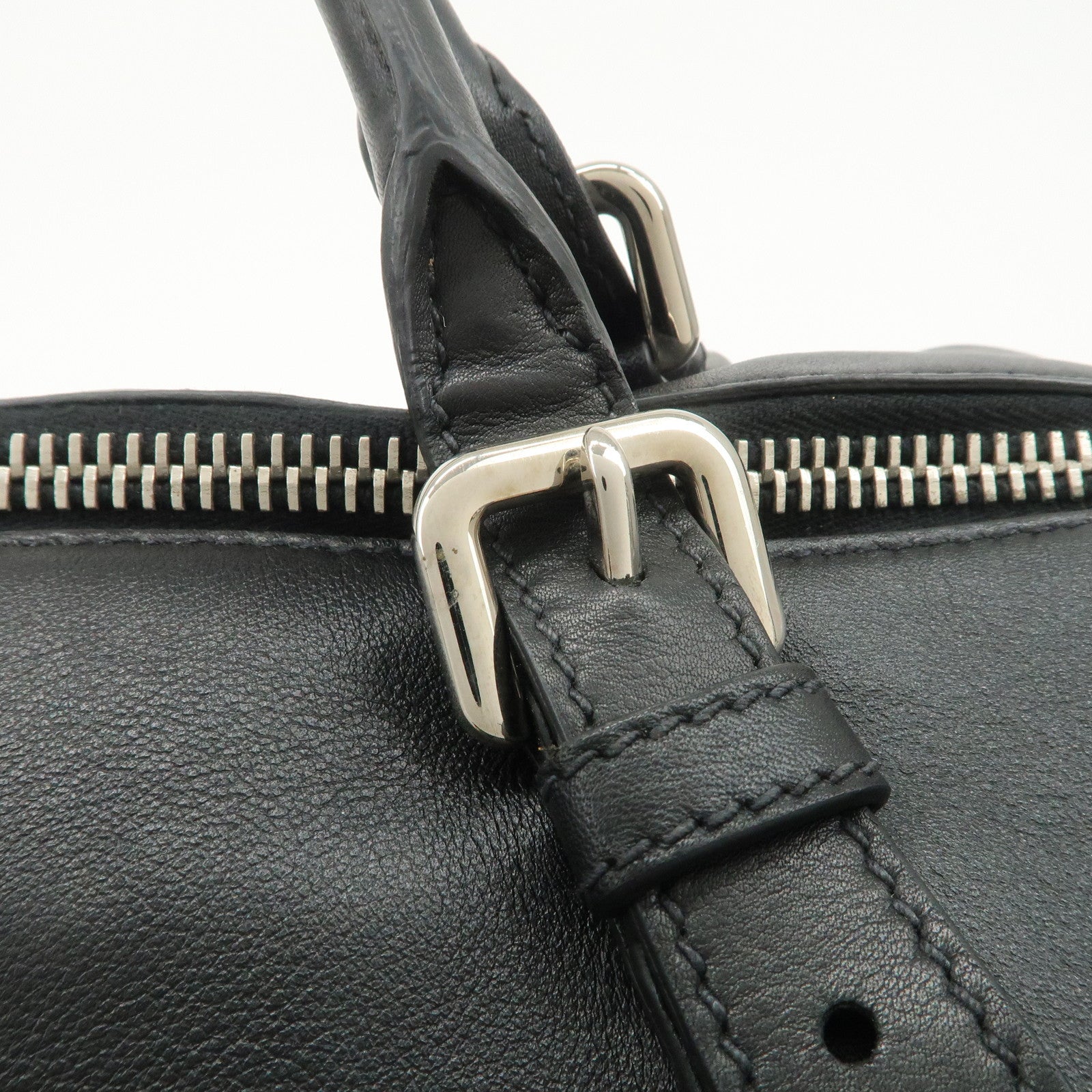 PRADA Triangle Logo Leather Boston Bag Shoulder Bag Black BR4998