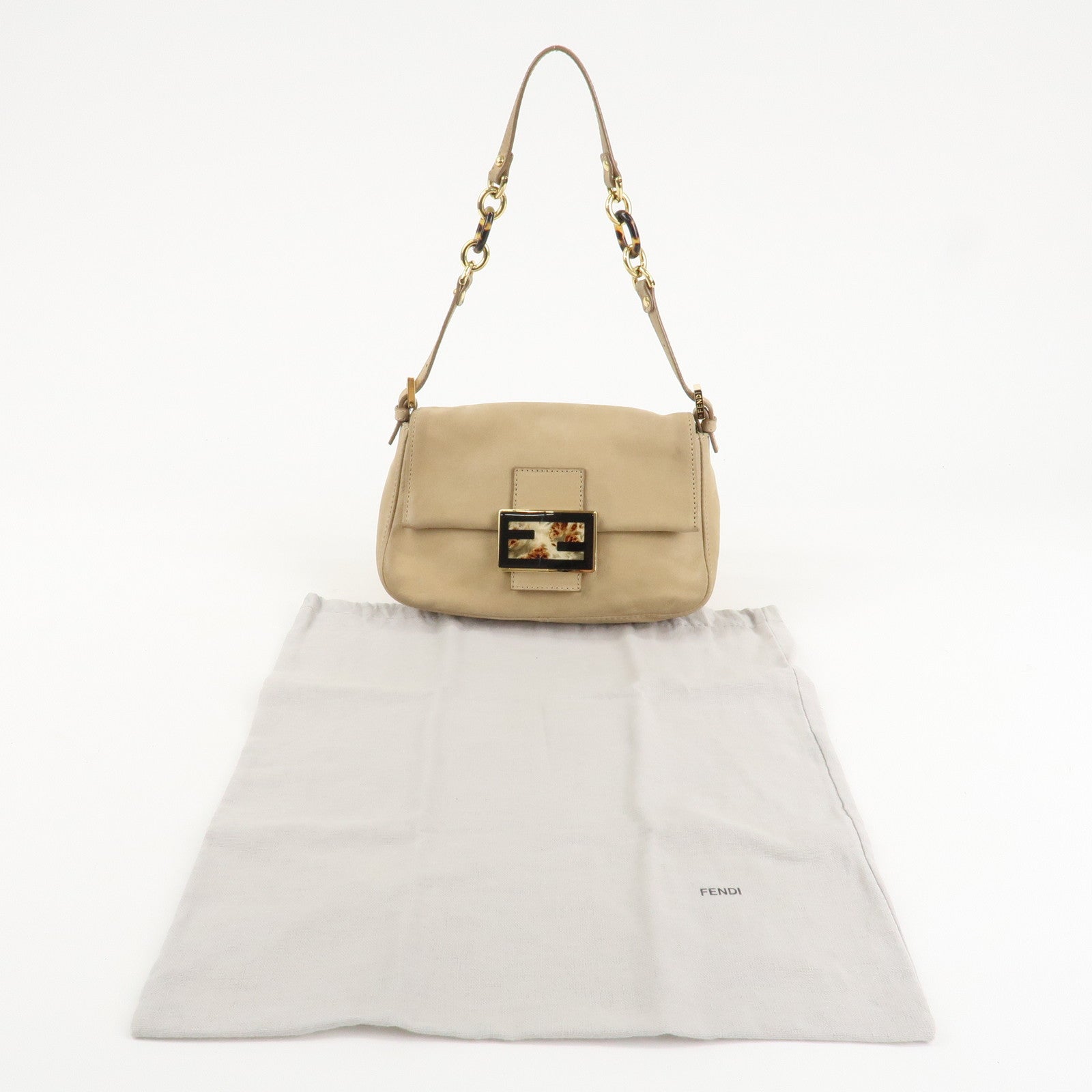 FENDI Mamma Baguette Leather Chain Shoulder Bag Beige 8BR180 Used