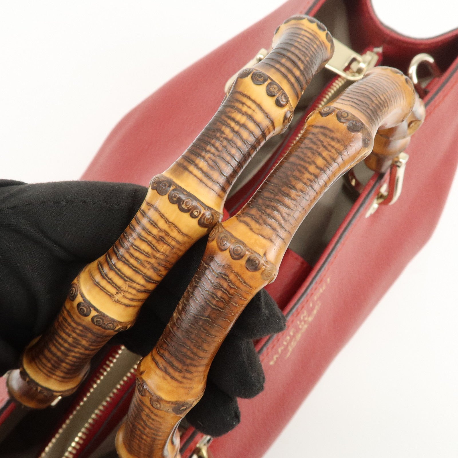 GUCCI Bamboo Shopper Medium 2Way Shoulder Hand Bag Red 323660