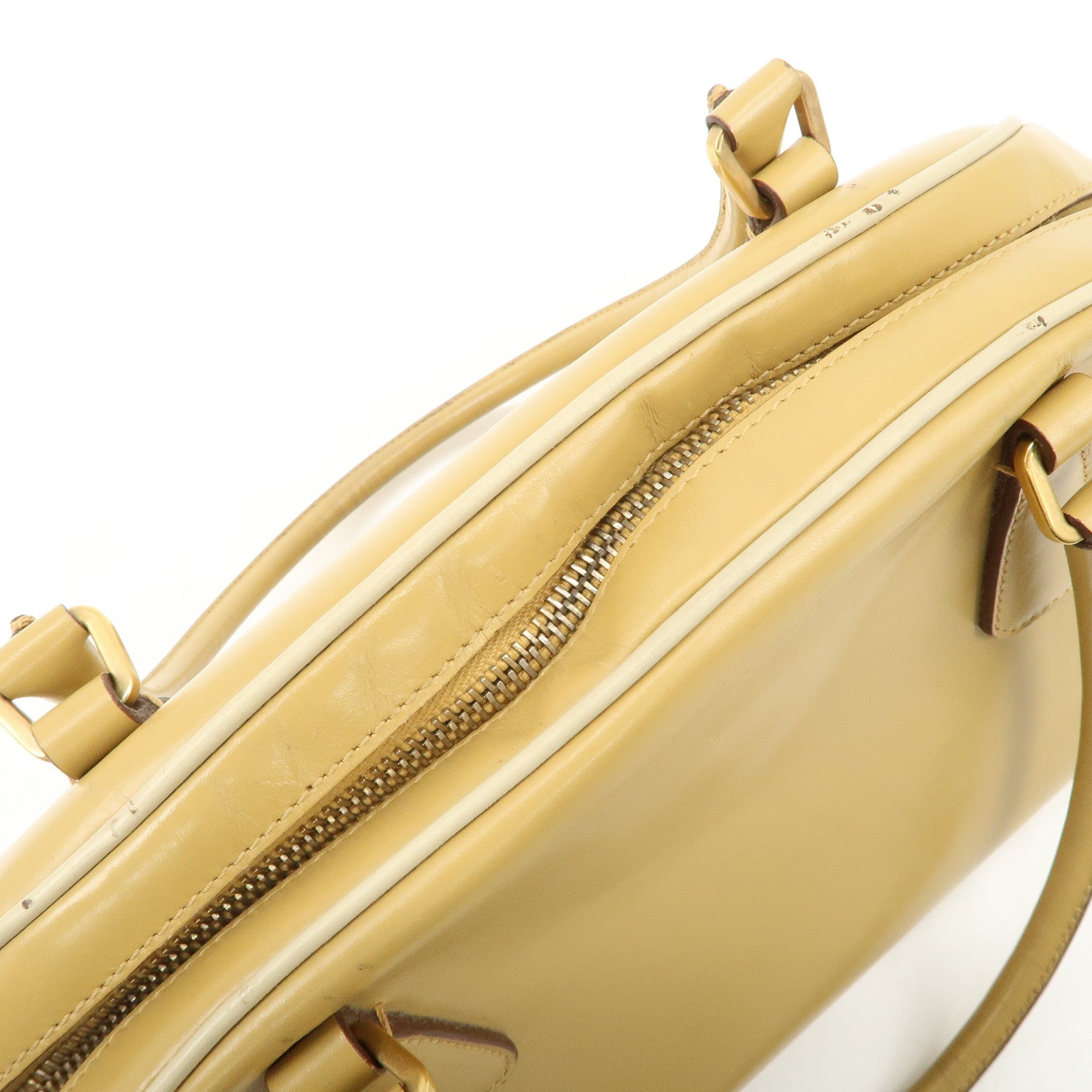 PRADA Leather Bowling Bag Boston Bag Hand Bag Gold HDW Beige