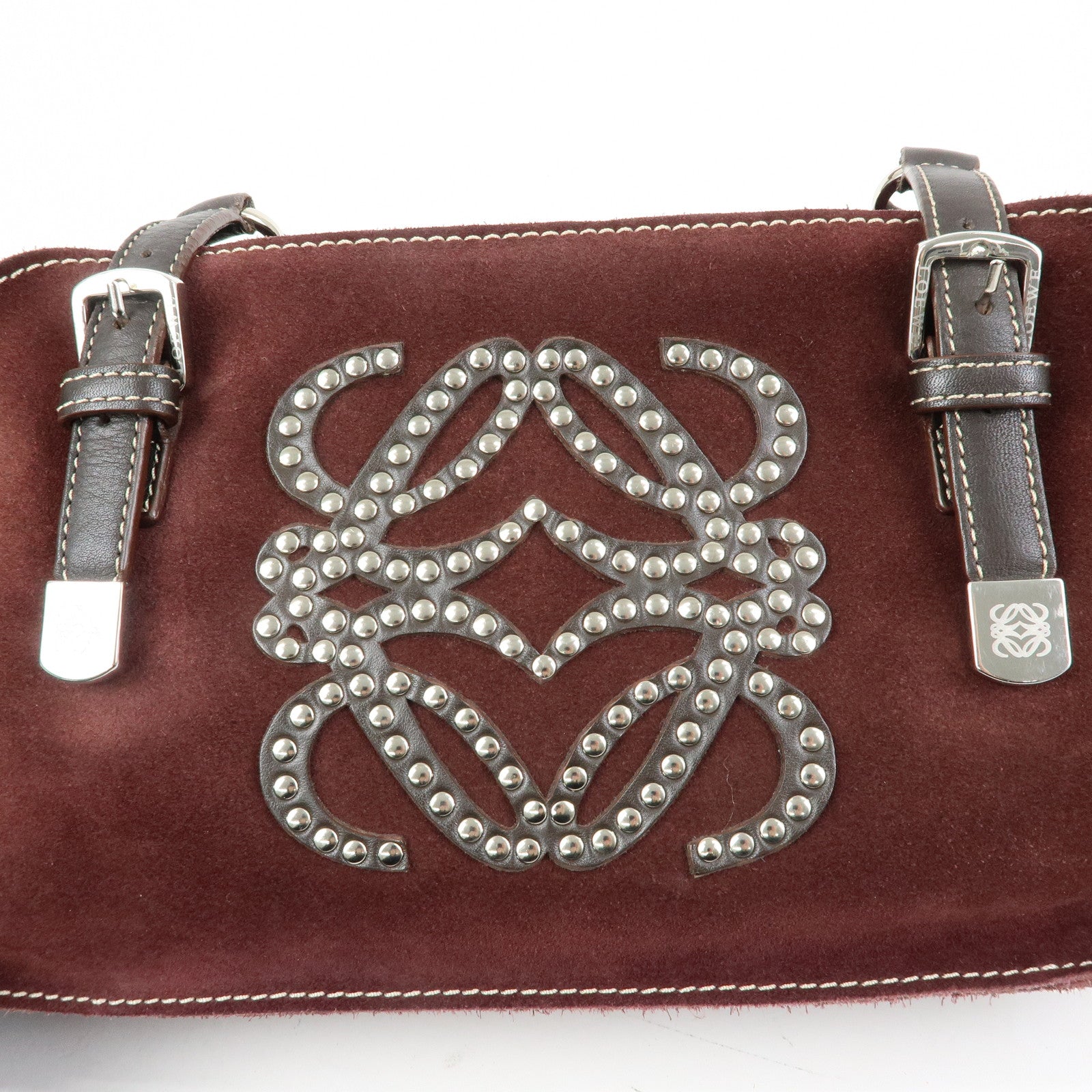 LOEWE Anagram Suede Leather Studs Hand Bag Bordeaux