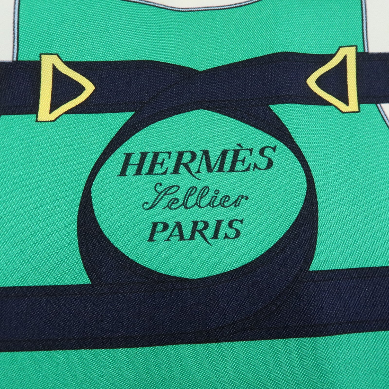 HERMES Carre 90 Silk 100% Scarf Eperon d'or Navy Green Gold