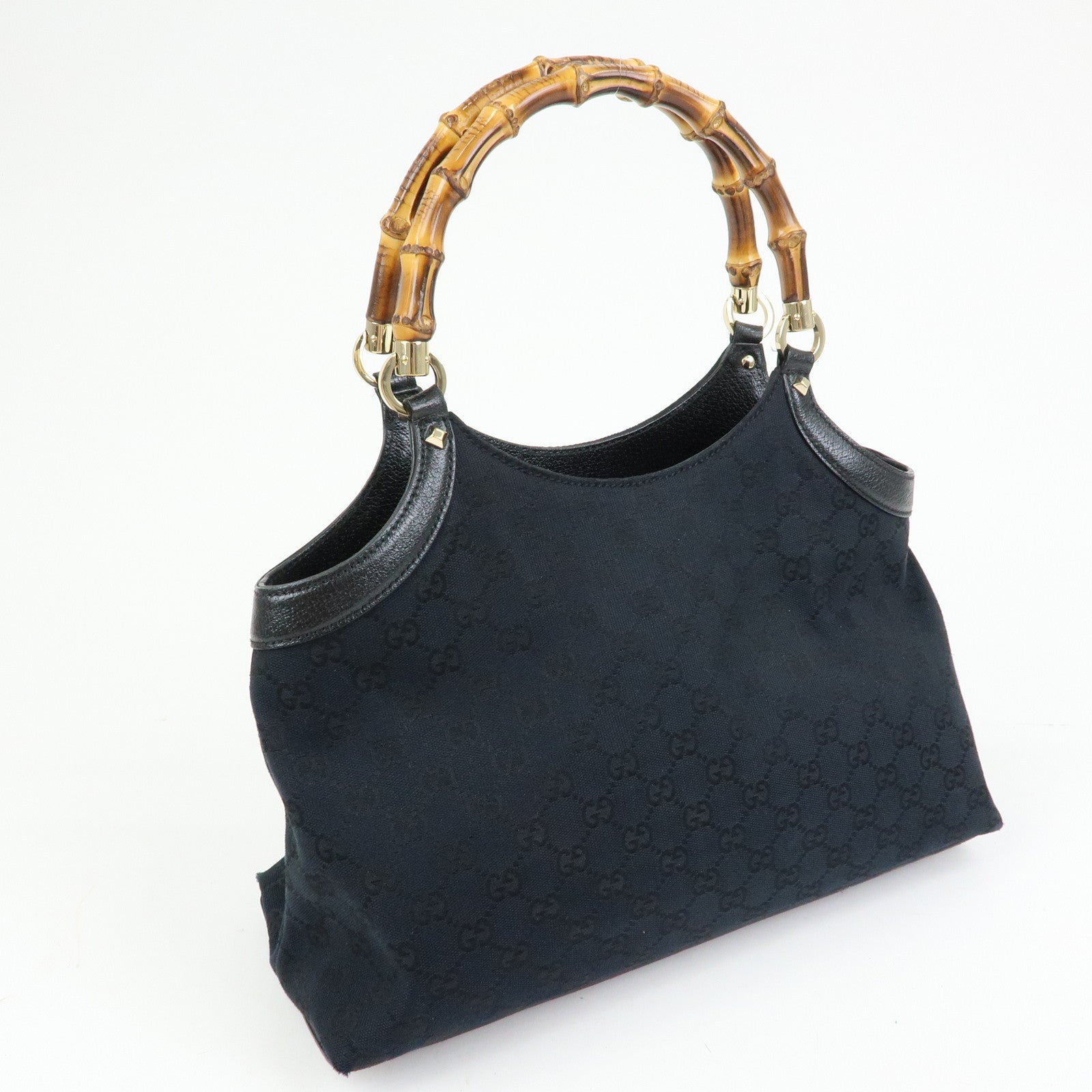 GUCCI Bamboo GG Canvas Leather Tote Bag Hand Bag Black 137395