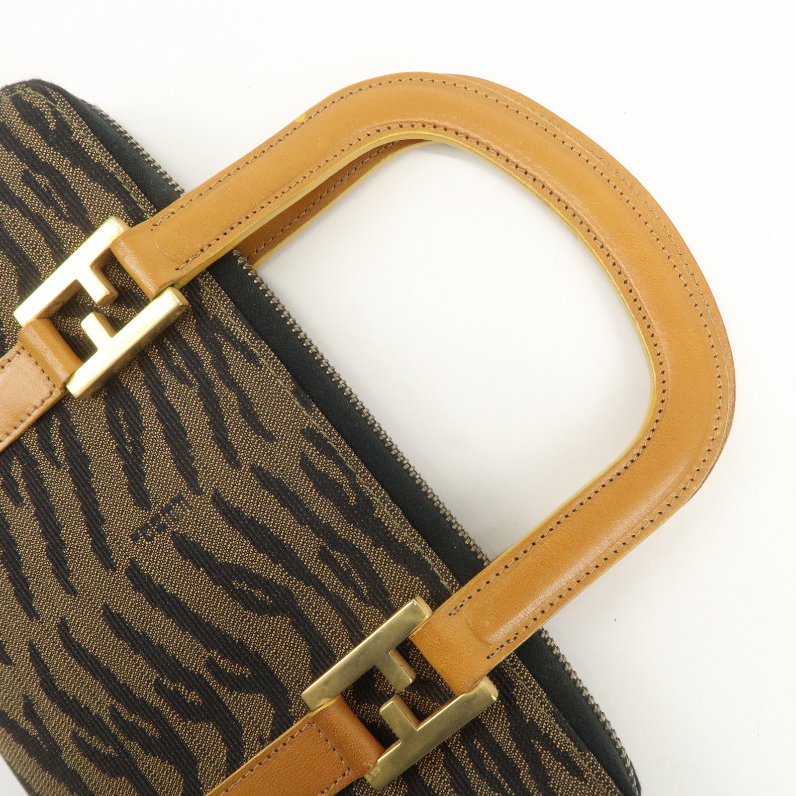 FENDI Logo Canvas Leather Hand Bag Animal Print Yellow Black 26347