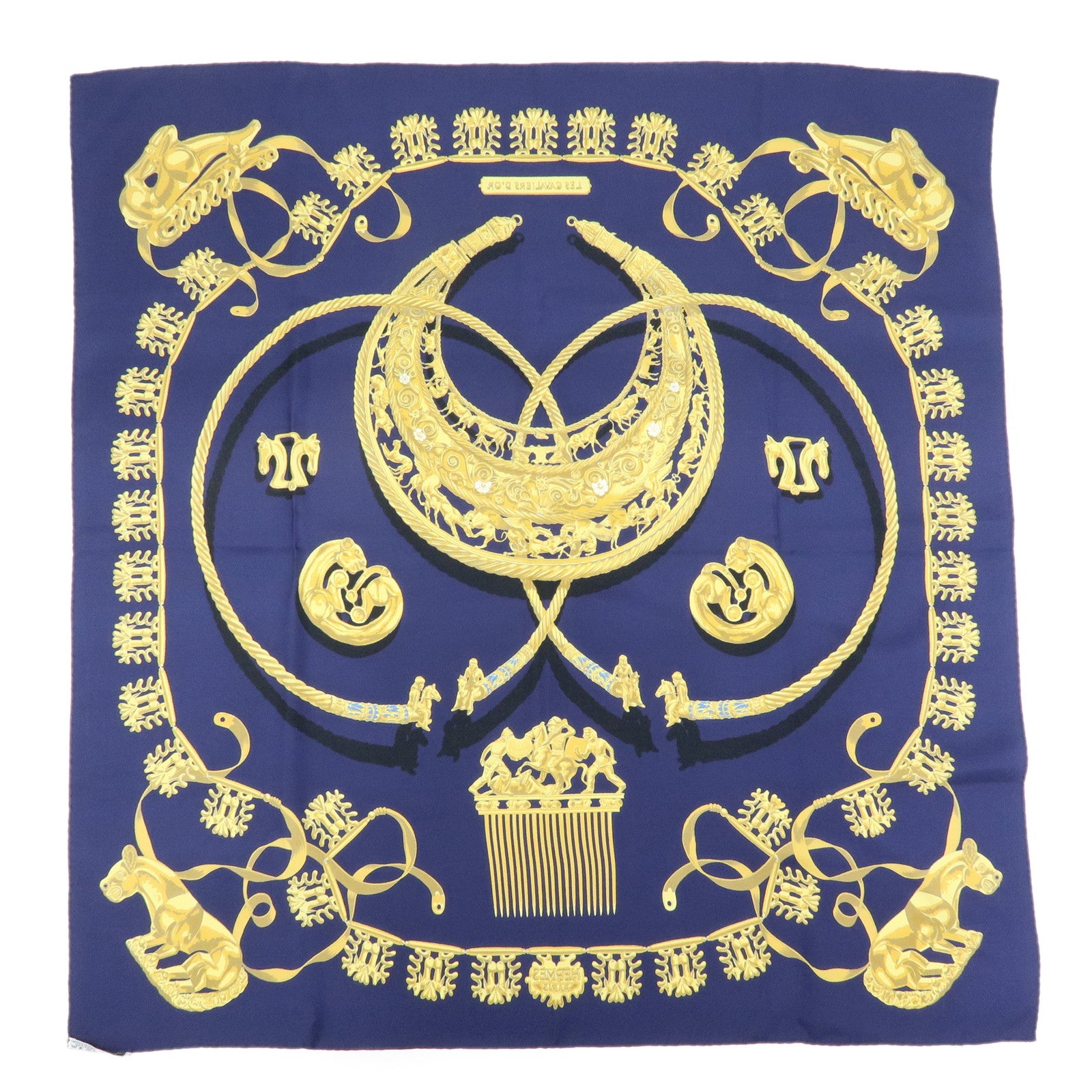 HERMES Carre 90 Silk 100% Scarf LES CAVALIERS D'OR Navy Yellow