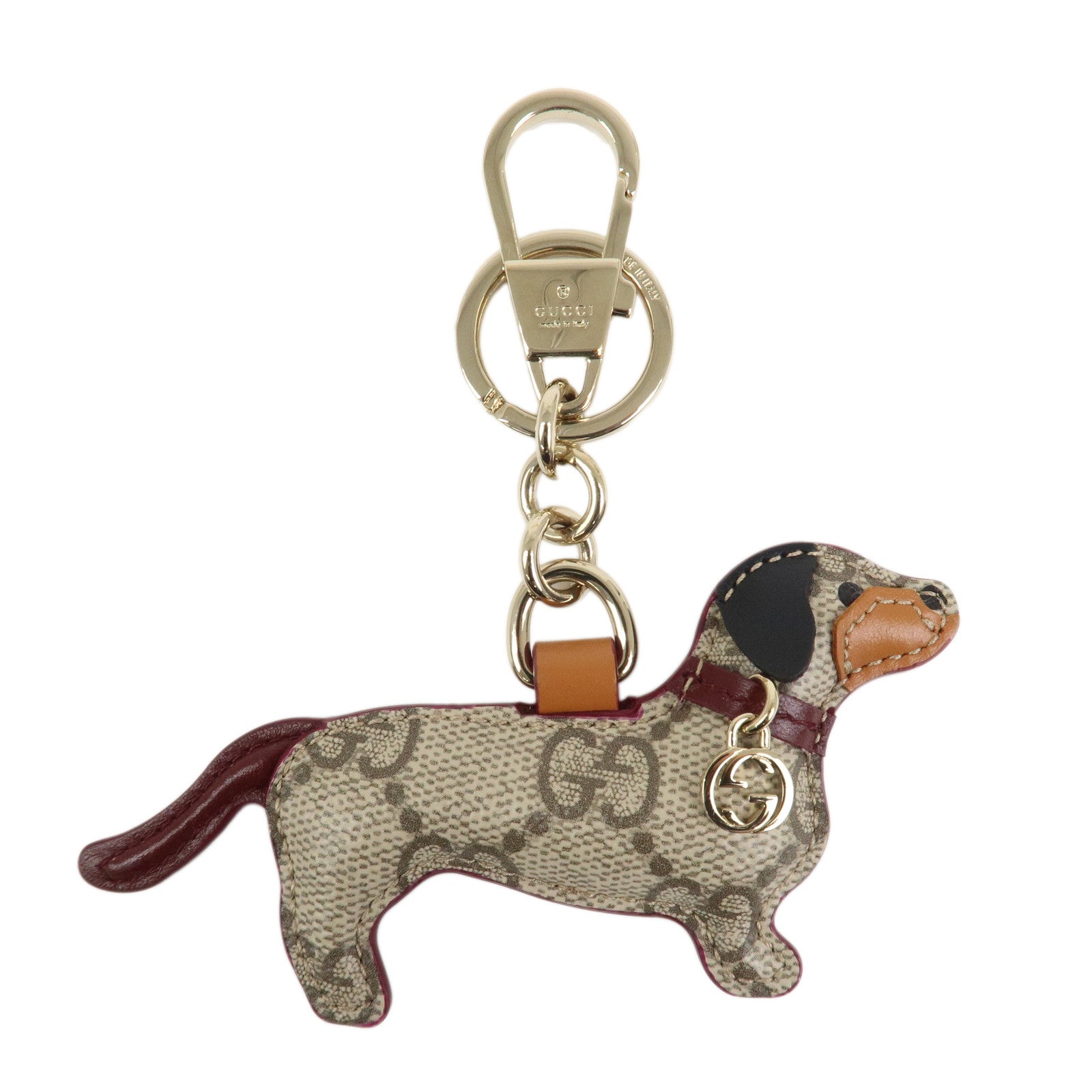 GUCCI GG Emblem Interlocking G Dog Shape Bag Charm Key Chain Beige