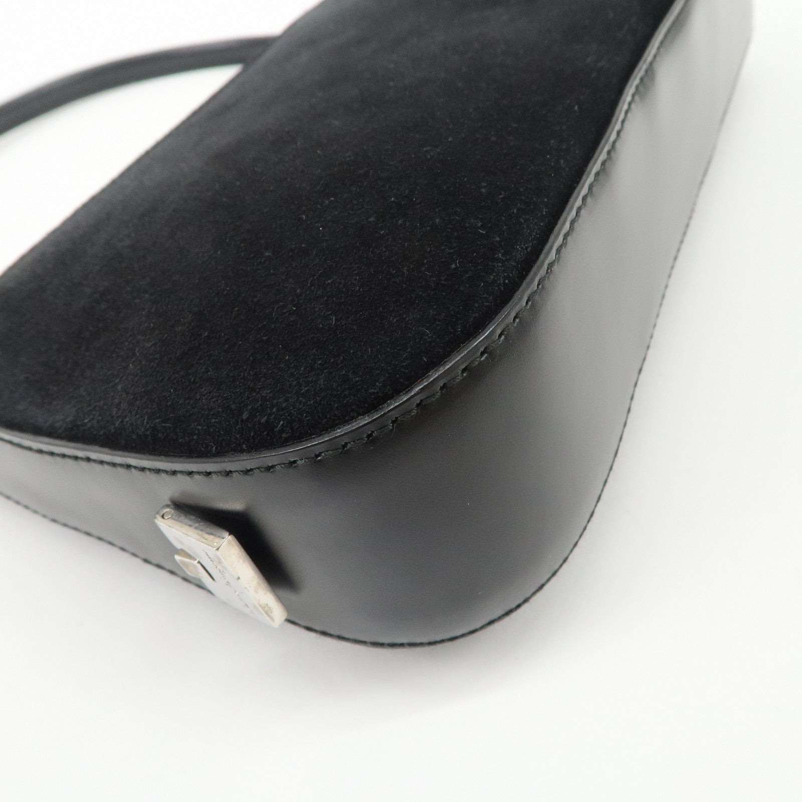 Ferragamo Logo Leather Suede Shoulder Bag Hand Bag Black