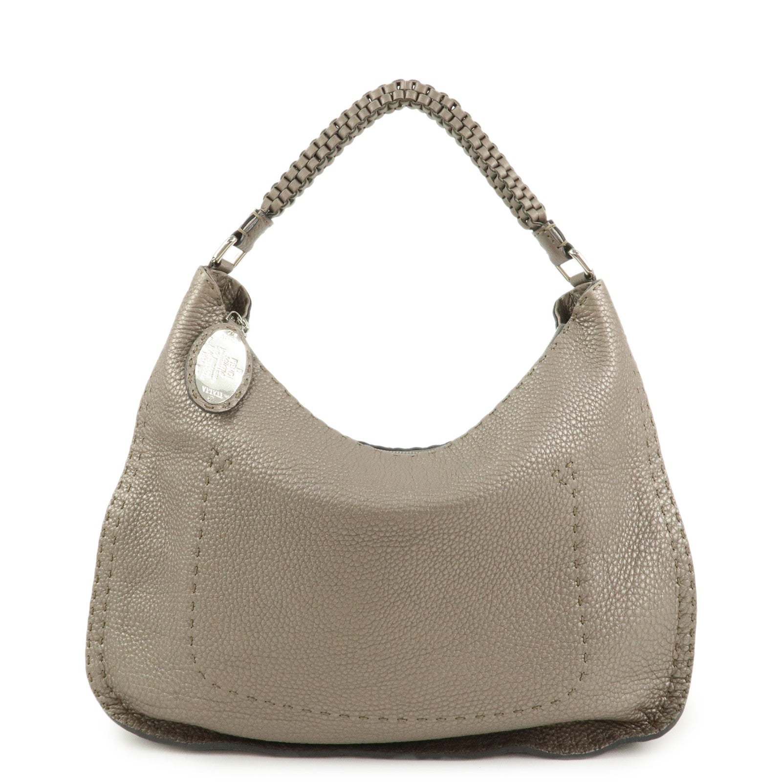 FENDI Selleria Leather Shoulder Bag Hand Bag Silver 8BR582