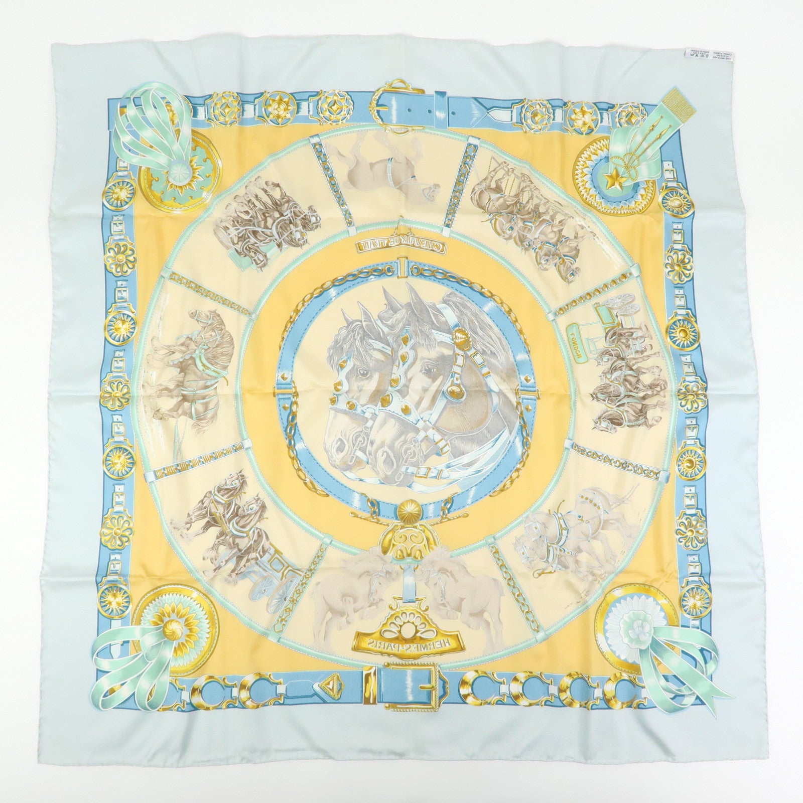 HERMES Carre 90 Silk 100% Scarf CHEVAUX DE TRAIT Light Blue Yellow