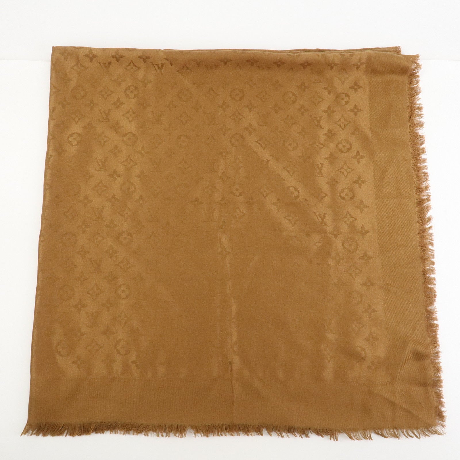 Louis Vuitton Monogram Silk Wool Shawl Scarf Light Brown M71155