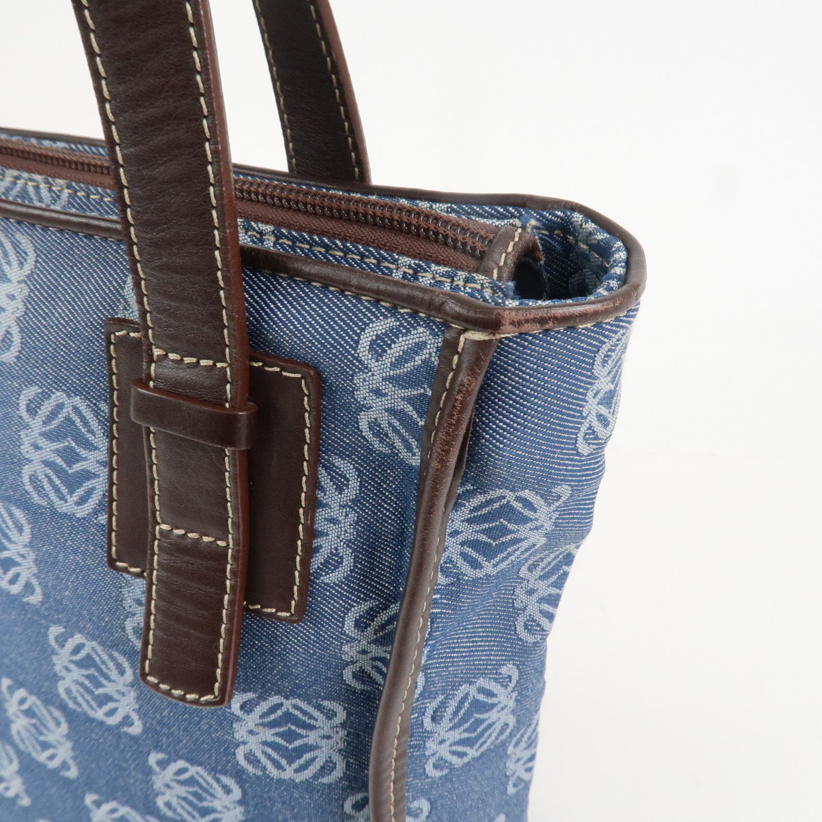 LOEWE Repeat Anagram Canvas Leather Tote Bag Hand Bag Blue Brown