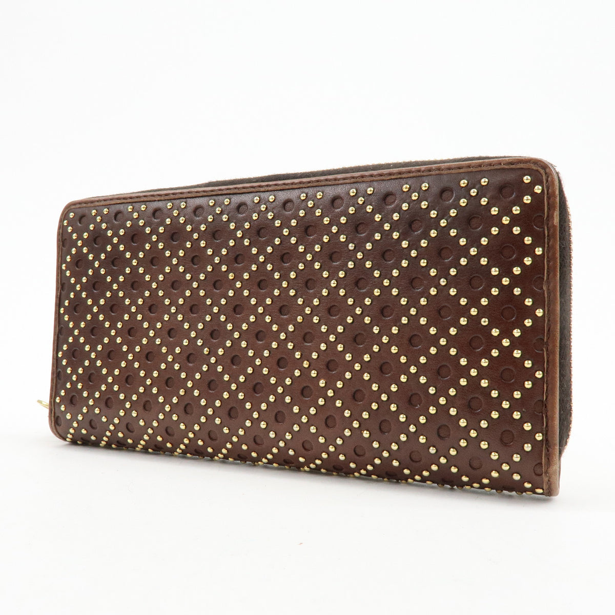 GUCCI Leather Round Zippy Long Wallet Studs Brown Gold 264733