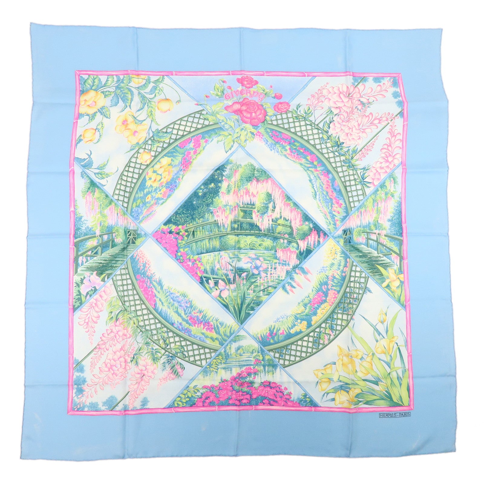 HERMES Carre 90 Silk 100% Scarf GIVERNY Light Blue Pink
