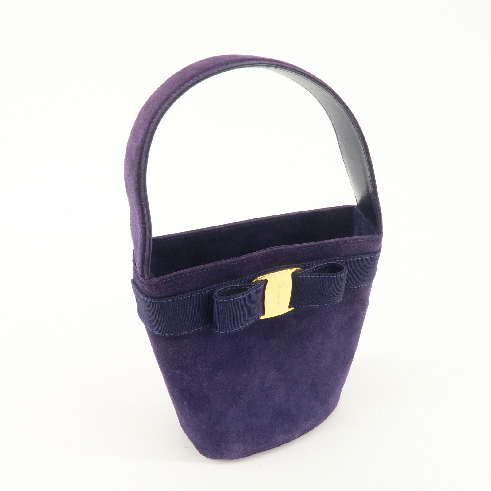 Ferragamo Vara Ribon Suede Hand Bag Purple Gold Hardware Used