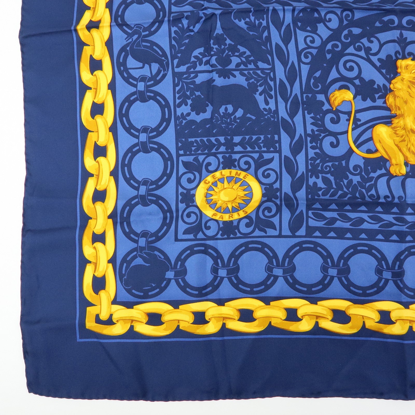 CELINE Silk 100% Scarf Lion Chain Motif Blue Yellow