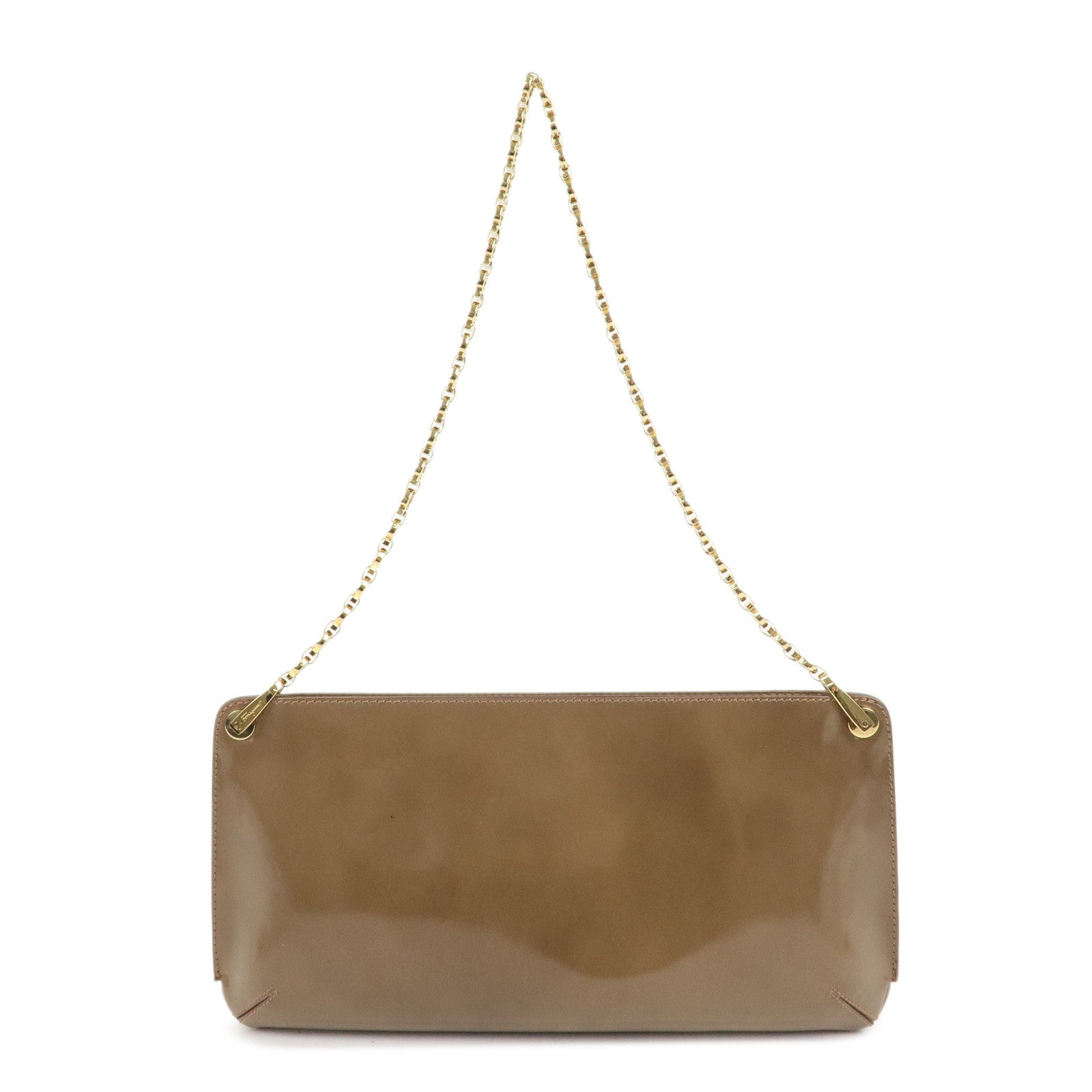 Ferragamo Gancini Patent Leather Chain Shoulder Bag Beige Gold HDW