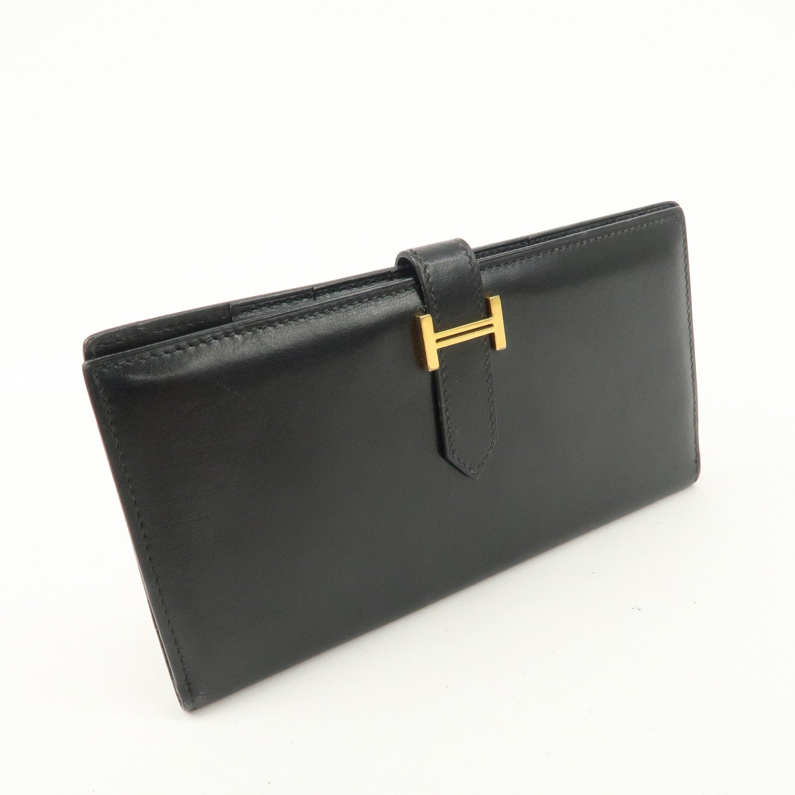 HERMES Bearn Leather Long Wallet H Stamped Black Gold HDW Used