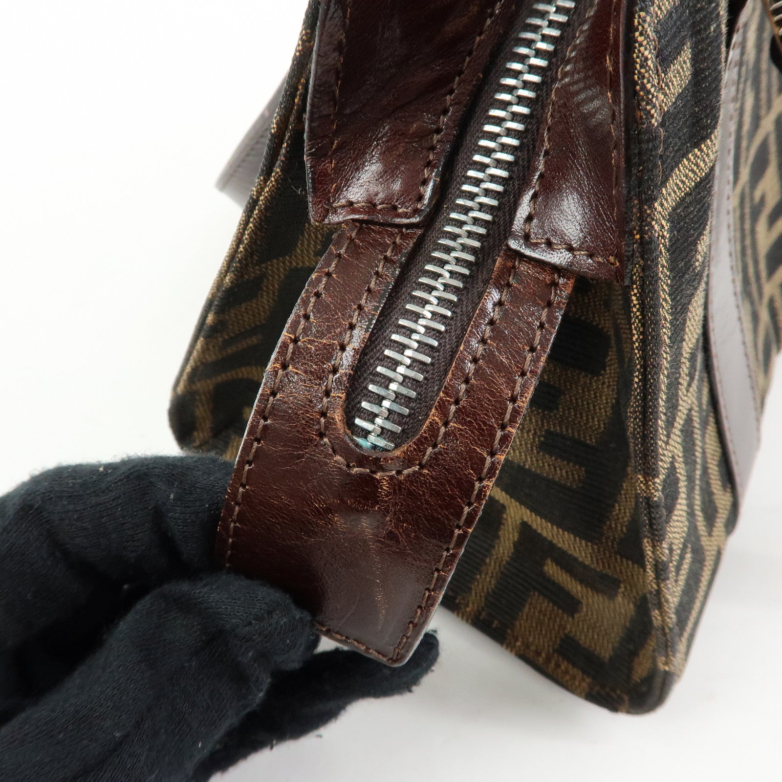 FENDI Zucca Jacquard Canvas Leather Top Handle Hand Bag Brown