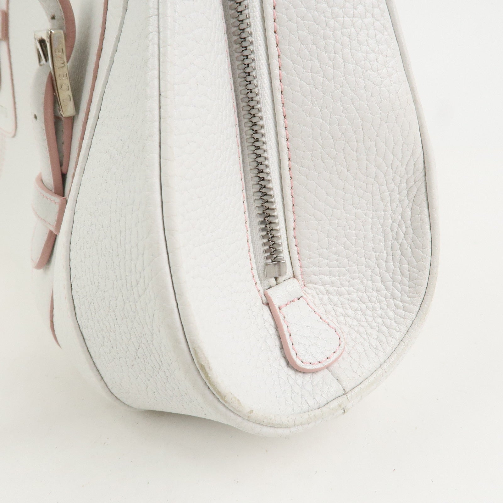 LOEWE Logo Senda Leather Shoulder Bag Boston Bag White Pink