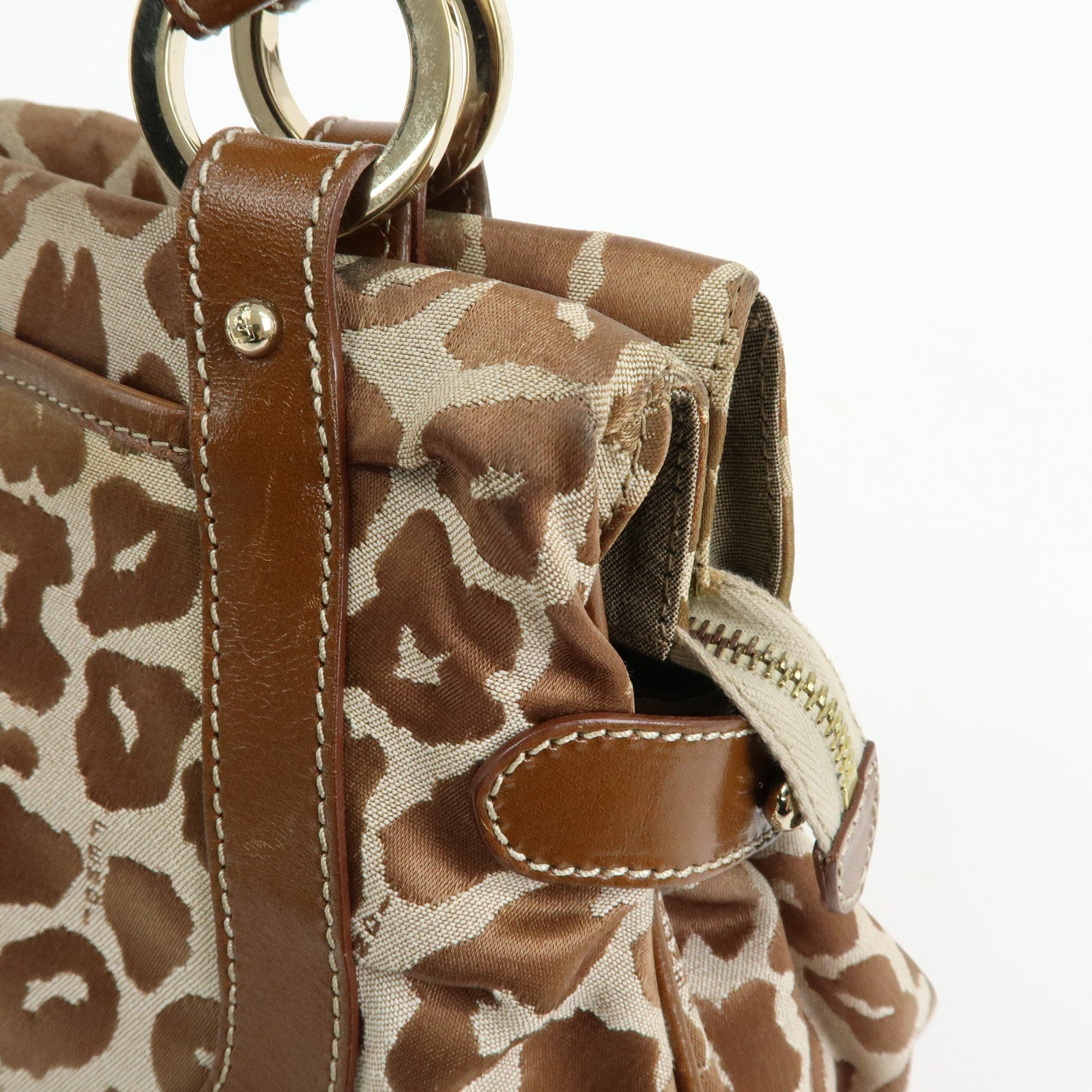 FENDI Canvas Leather Tote Bag Hand Bag Animal Print Brown 8BR628